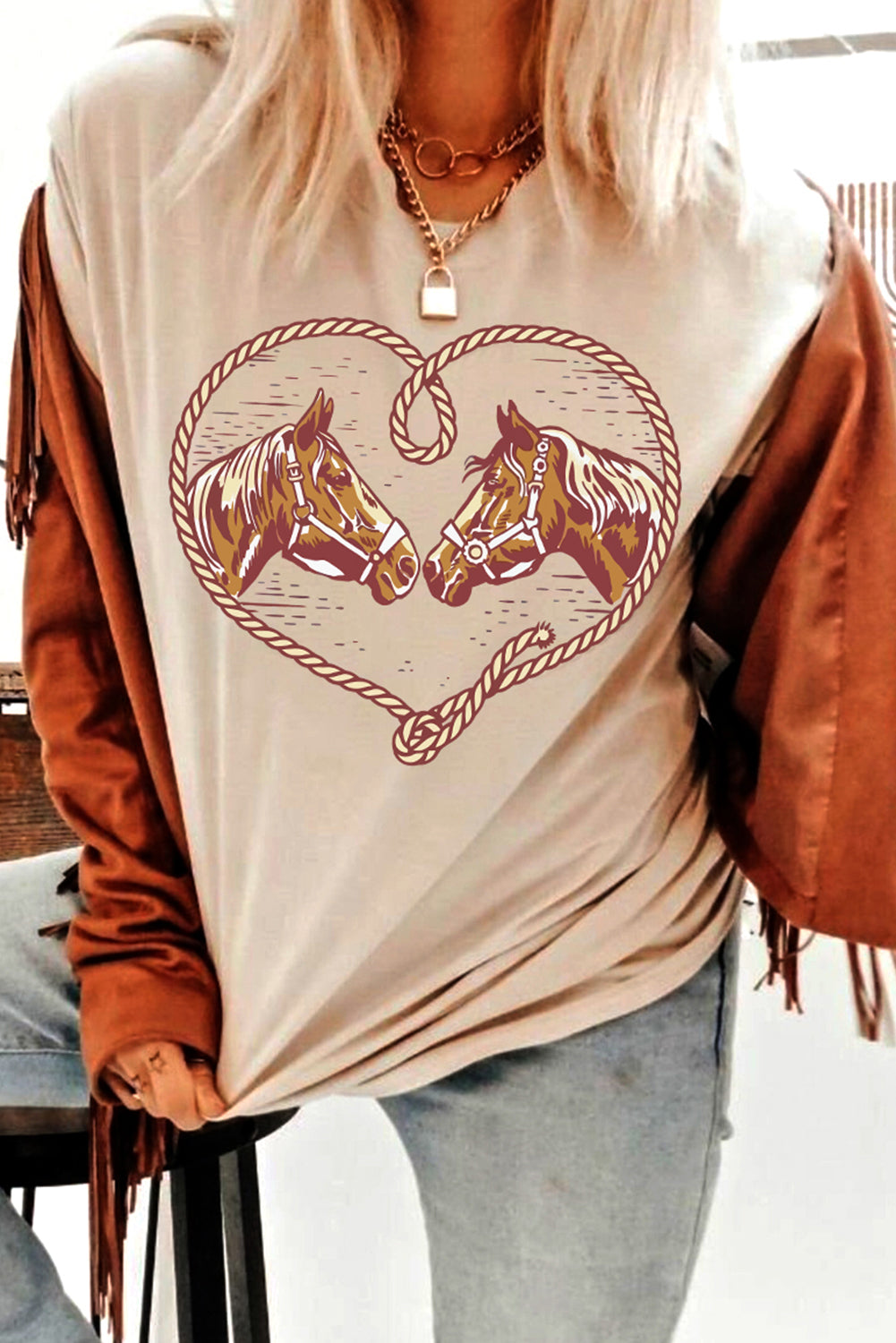 Khaki Rodeo Horse Graphic Western Cowgirl Fashion T Shirt-Graphic/Graphic Tees-[Adult]-[Female]-2022 Online Blue Zone Planet