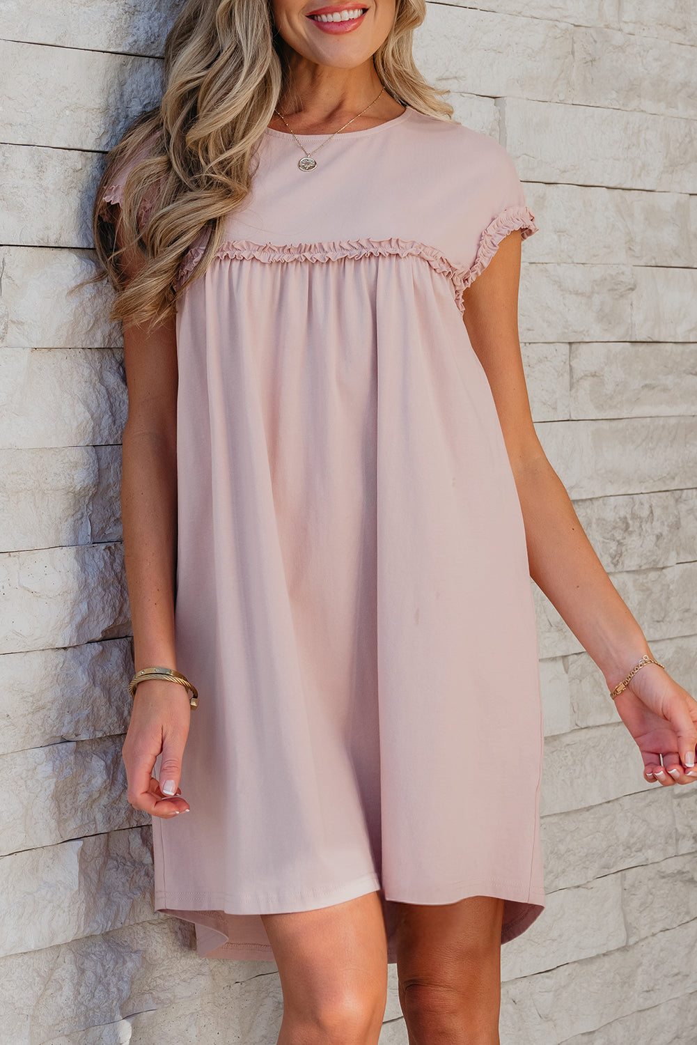 Oatmeal Frilled Trim Crew Neck Loose Fit Mini Dress-TOPS / DRESSES-[Adult]-[Female]-2022 Online Blue Zone Planet