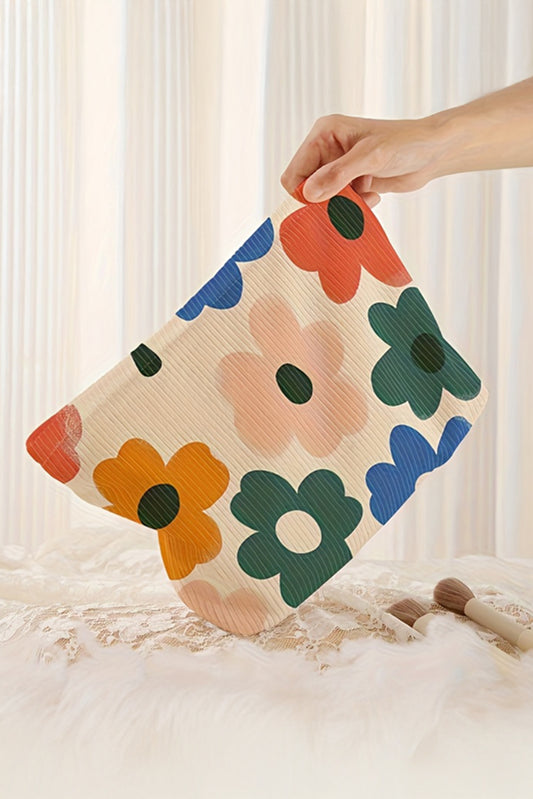 White Floral Print Corduroy Minimalist Storage Bag-Shoes & Bags/Makeup Bags-[Adult]-[Female]-White-ONE SIZE-2022 Online Blue Zone Planet