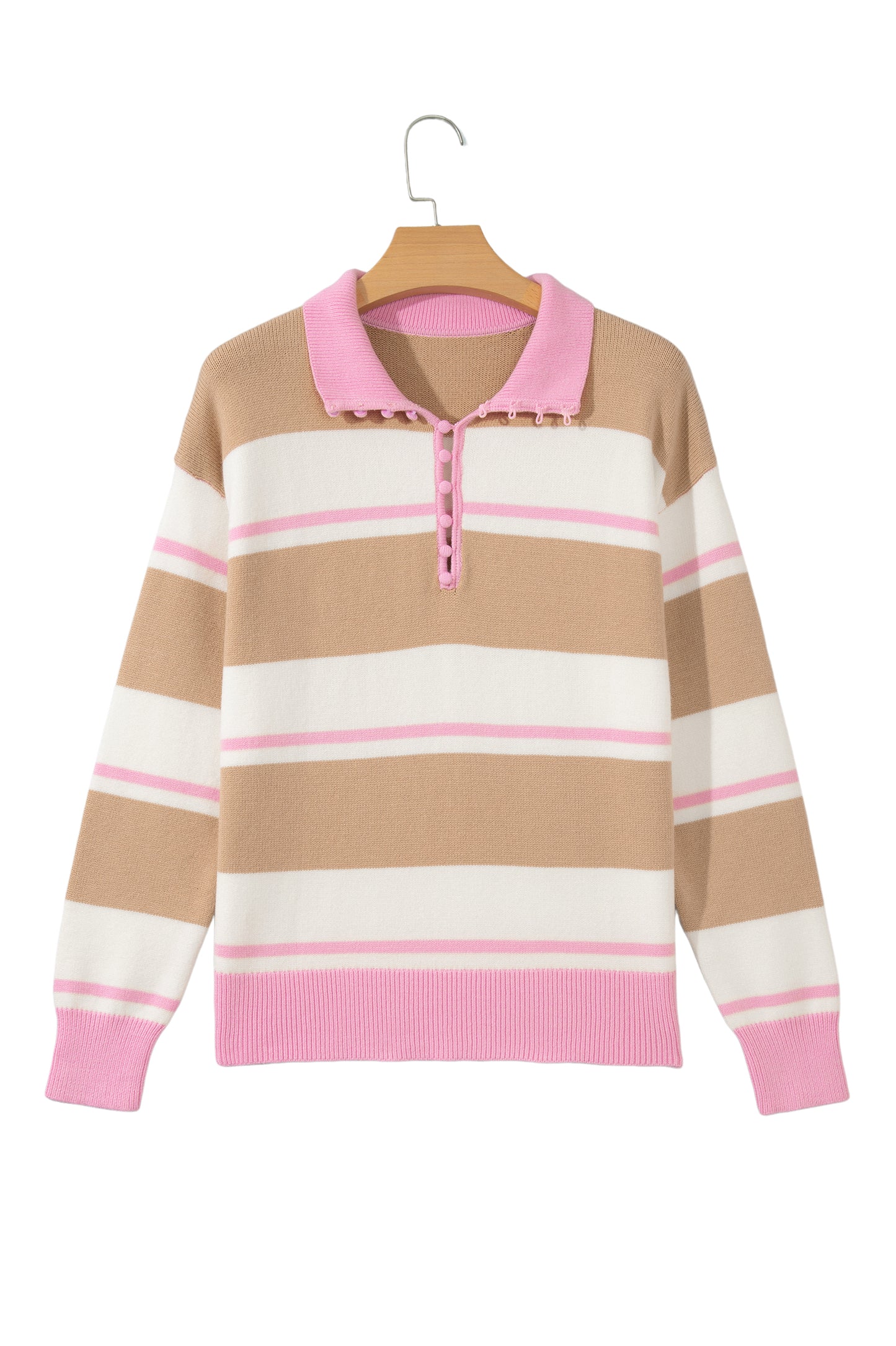 Khaki Stripe Striped Drop Shoulder Button Placket Long Sleeve Sweater-TOPS / DRESSES-[Adult]-[Female]-2022 Online Blue Zone Planet