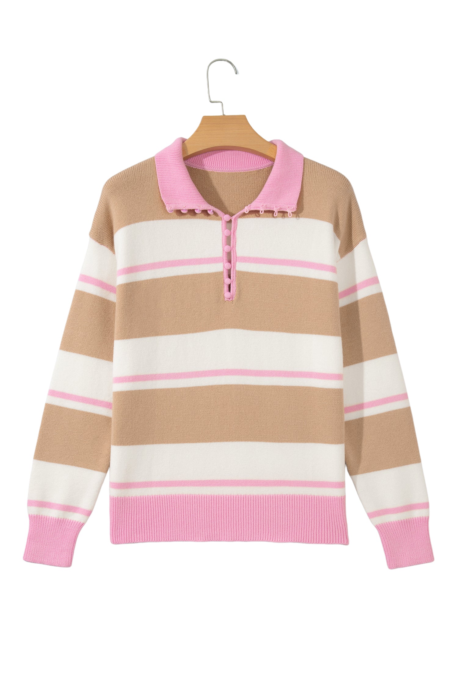 Khaki Stripe Striped Drop Shoulder Button Placket Long Sleeve Sweater-TOPS / DRESSES-[Adult]-[Female]-2022 Online Blue Zone Planet