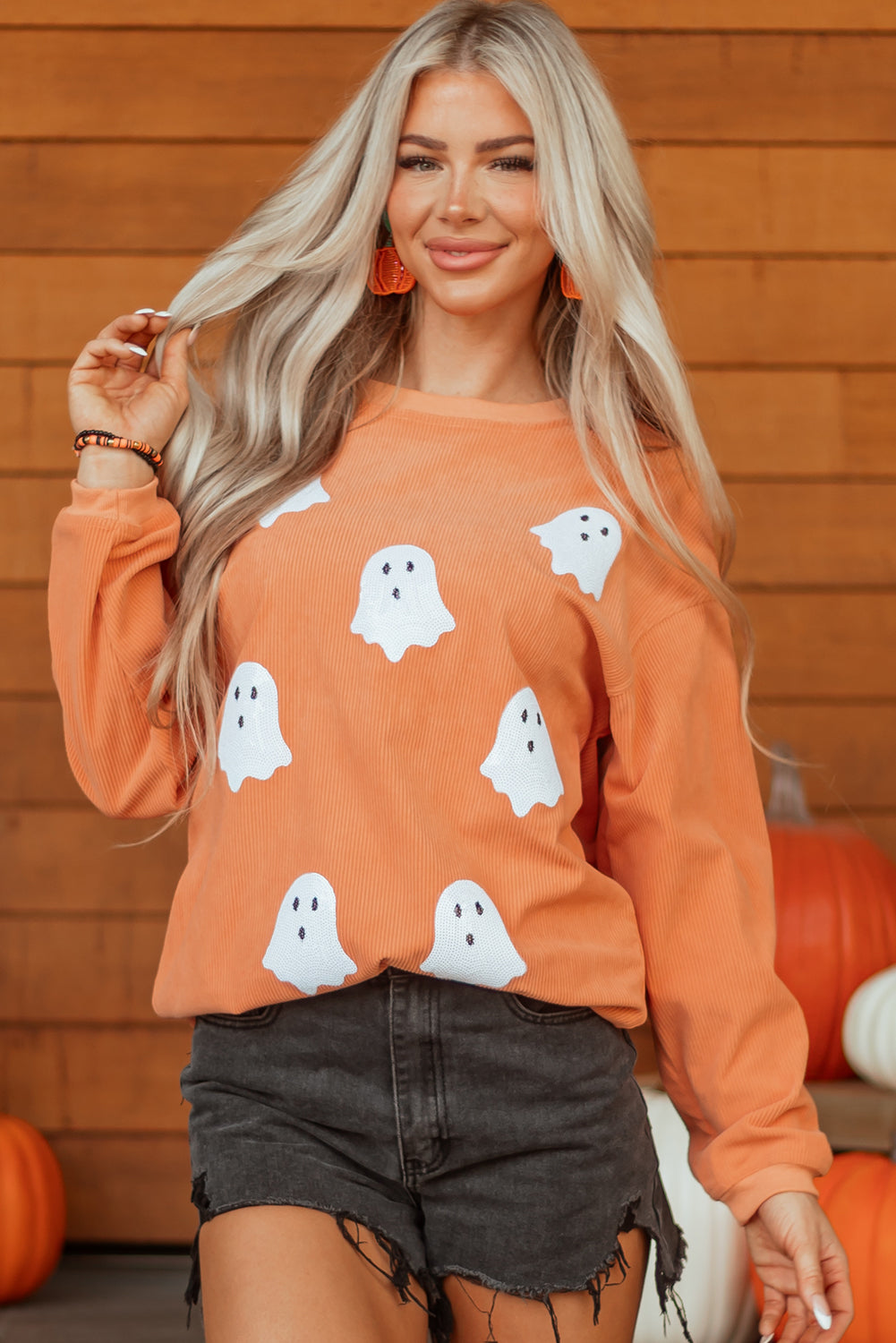 Orange Twisted Ribbed Texture Halloween Ghost Sequin Patched Sweatshirt-Graphic/Graphic Sweatshirts-[Adult]-[Female]-2022 Online Blue Zone Planet