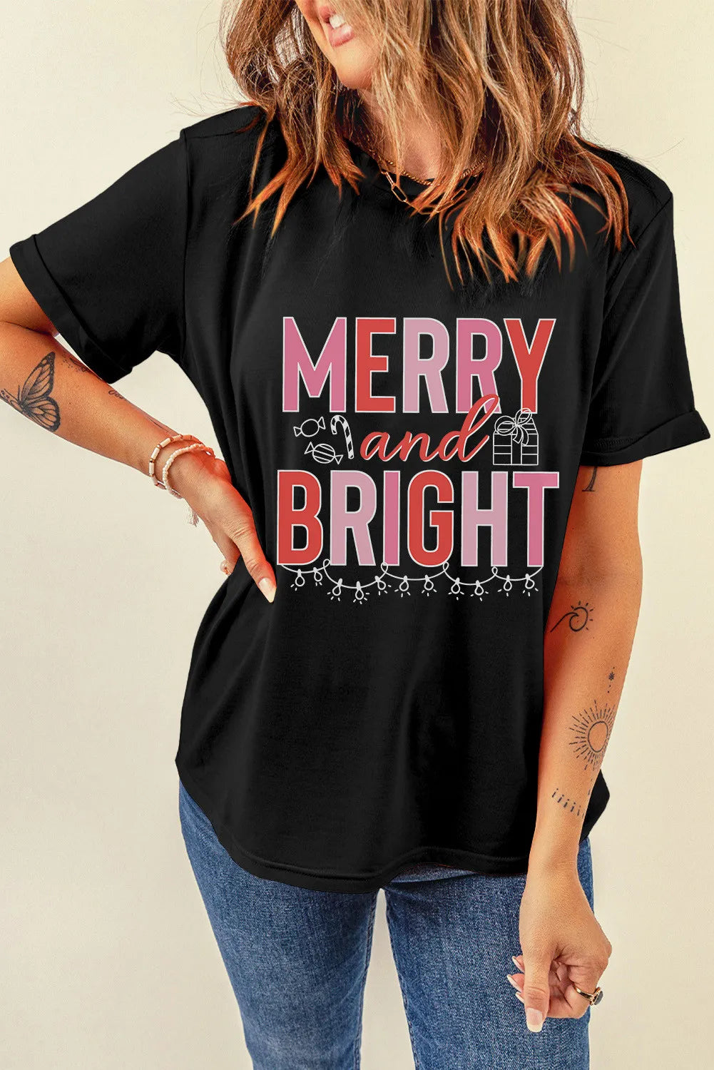 MERRY AND BRIGHT Round Neck Short Sleeve T-Shirt-TOPS / DRESSES-[Adult]-[Female]-2022 Online Blue Zone Planet