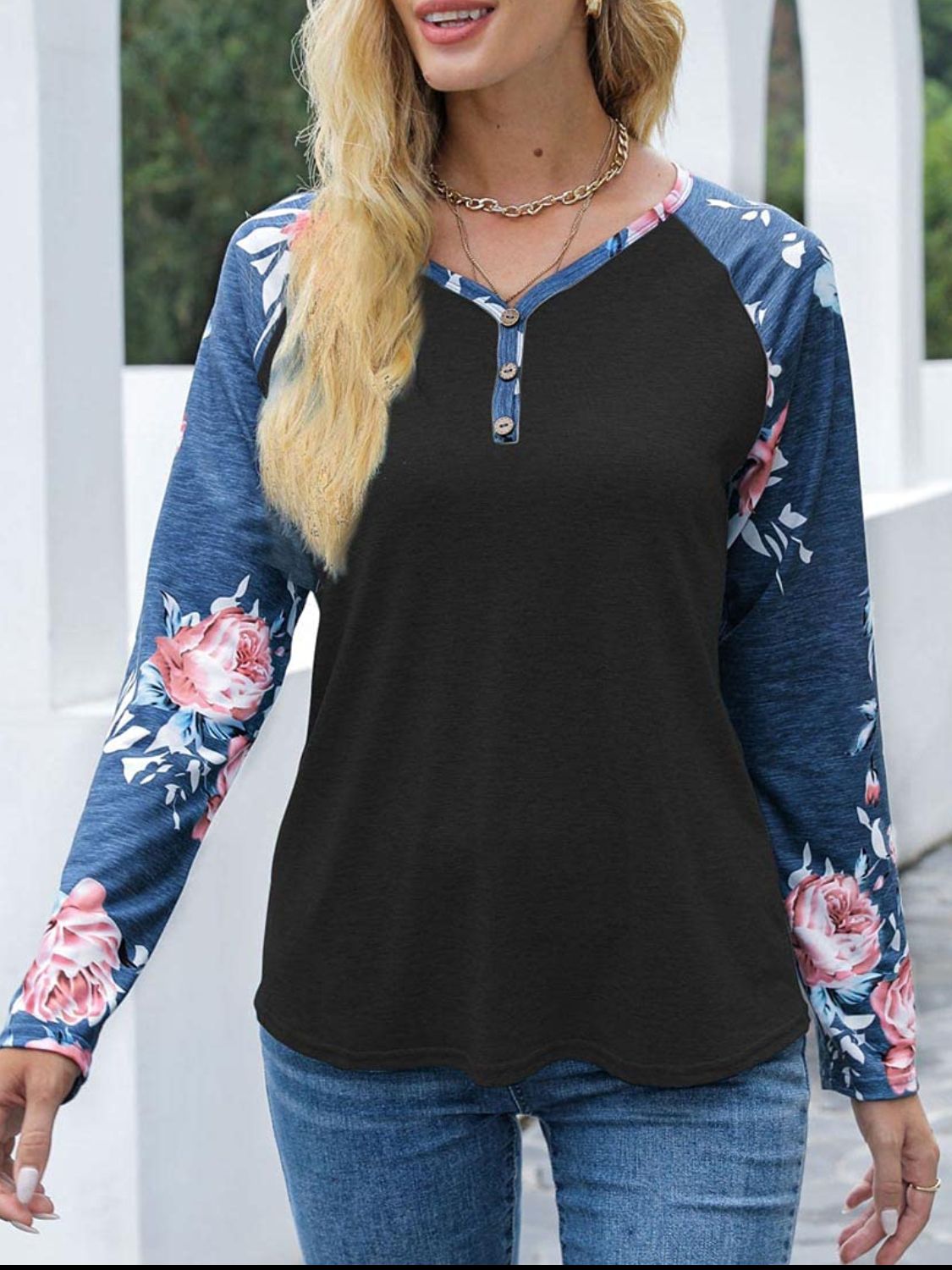 V-Neck Floral Long Sleeve T-Shirt-TOPS / DRESSES-[Adult]-[Female]-Black-S-2022 Online Blue Zone Planet