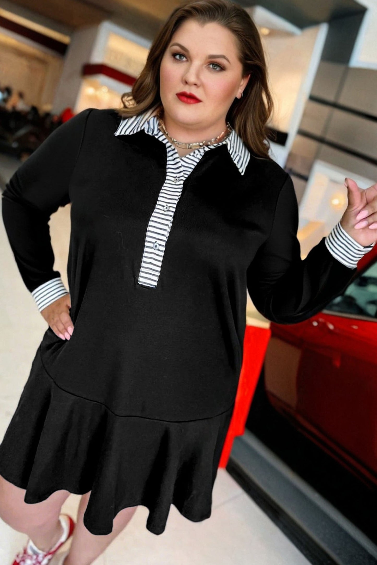 Black Plus Size Striped Cuffs Polo Collar Patchwork Long Sleeve Ruffle Hem Dress-Plus Size/Plus Size Dresses/Plus Size Mini Dresses-[Adult]-[Female]-2022 Online Blue Zone Planet