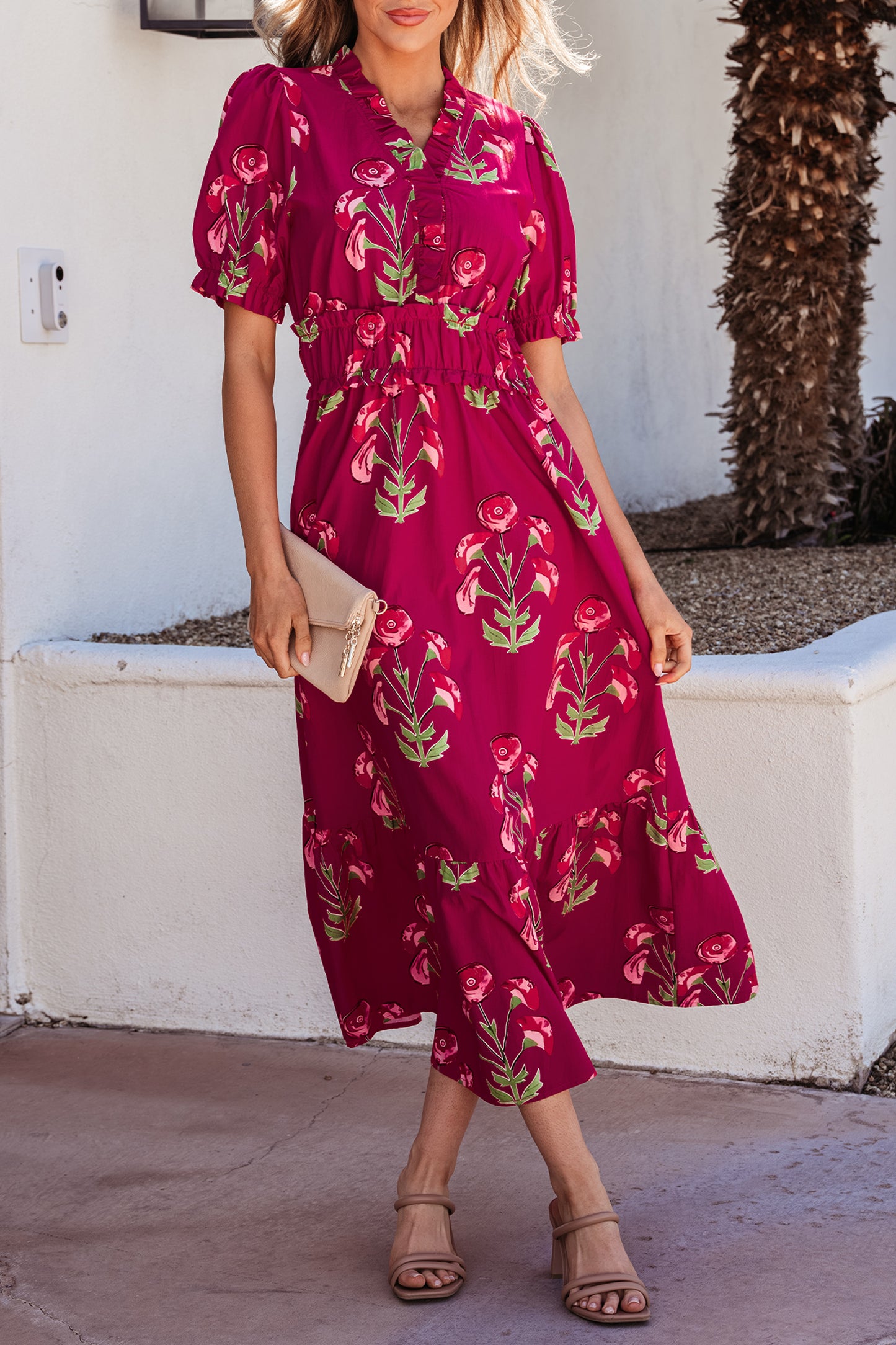 Red Floral Print Frilled V Neck Short Sleeve Ruffle Maxi Dress-TOPS / DRESSES-[Adult]-[Female]-2022 Online Blue Zone Planet