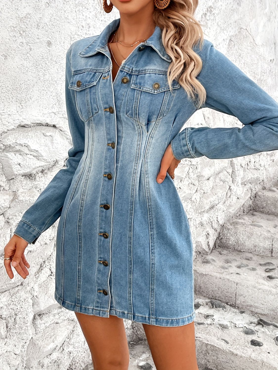 Pocketed Button Up Long Sleeve Denim Dress-TOPS / DRESSES-[Adult]-[Female]-2022 Online Blue Zone Planet