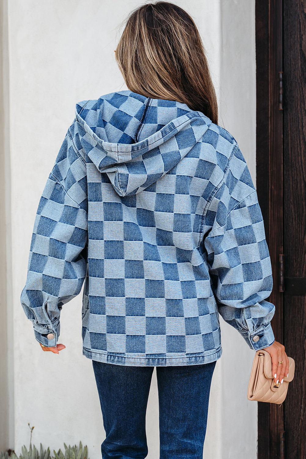 Sky Blue Checkerboard Zipped Neck Kangaroo Pocket Denim Hoodie-Tops/Sweatshirts & Hoodies-[Adult]-[Female]-2022 Online Blue Zone Planet