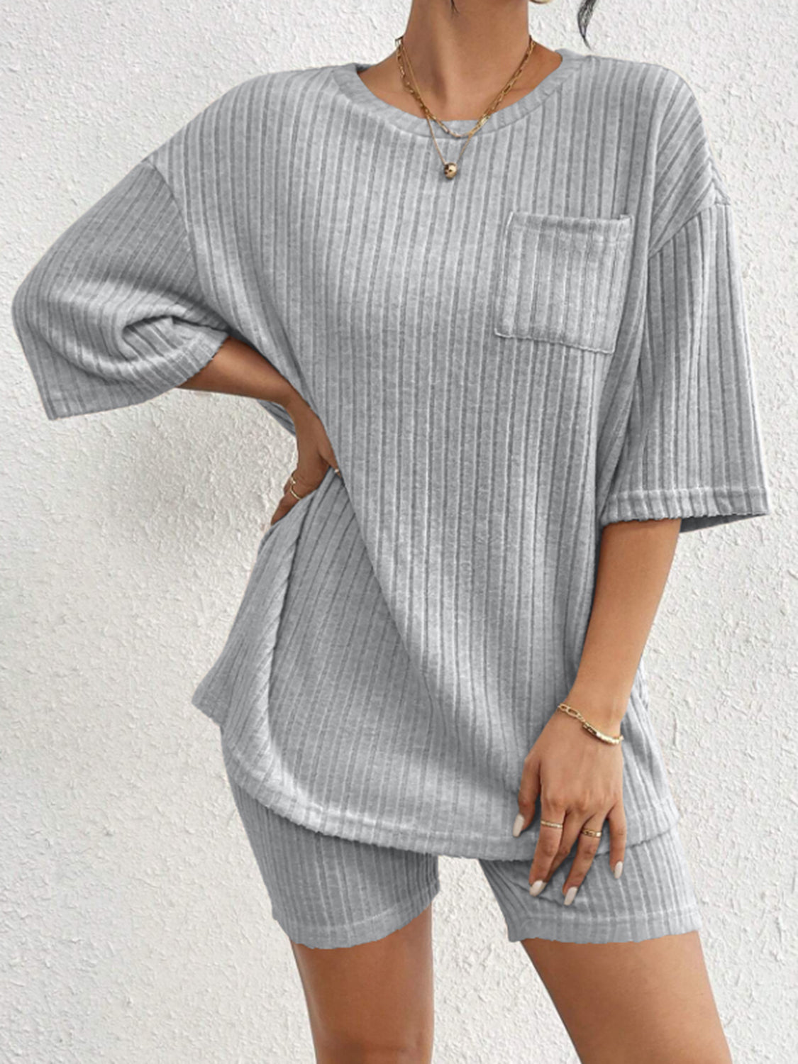 Ribbed Round Neck Top and Shorts Set-TOPS / DRESSES-[Adult]-[Female]-Light Gray-S-2022 Online Blue Zone Planet