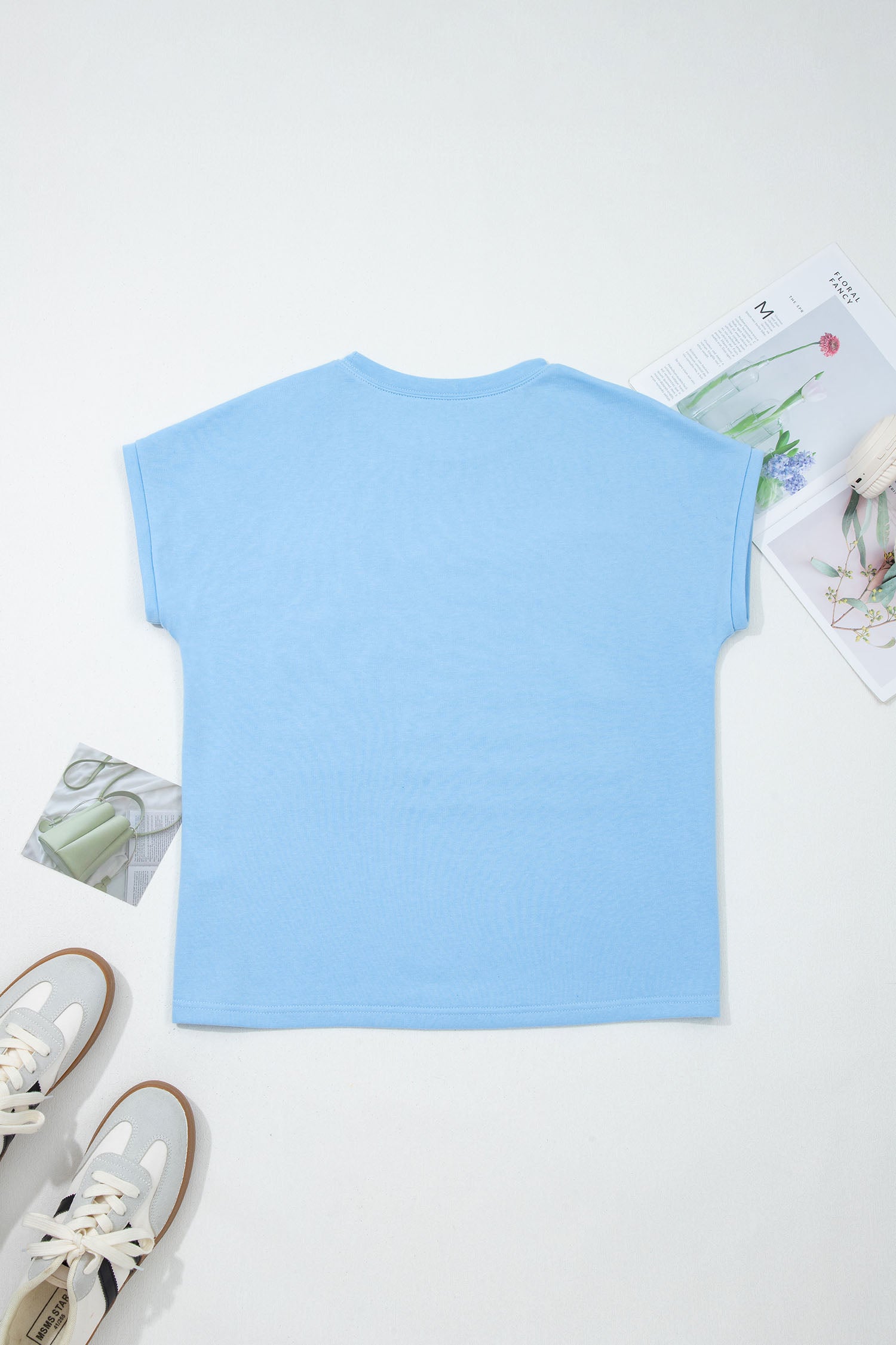 Mist Blue USA Flag Textured Patchwork Cap Sleeve Tee-Tops/Tops & Tees-[Adult]-[Female]-2022 Online Blue Zone Planet