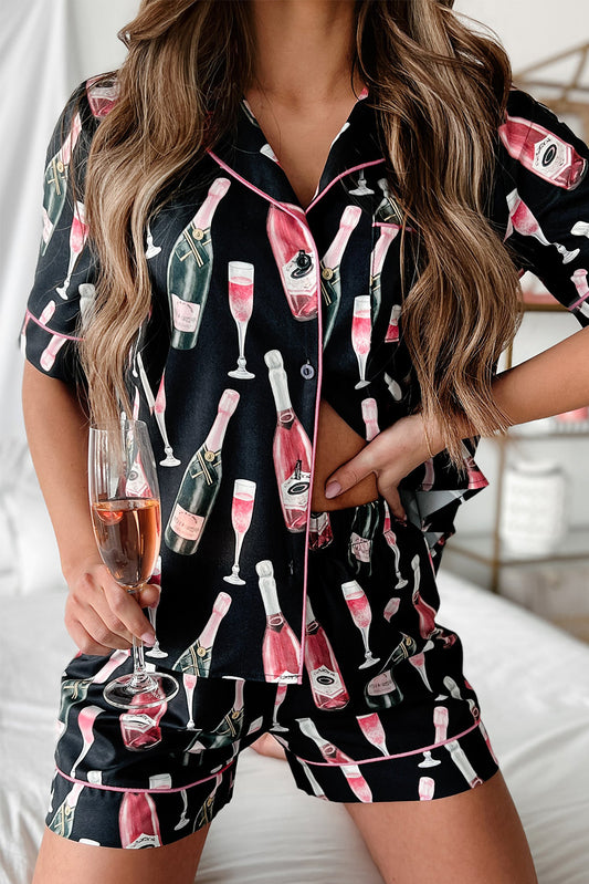 Black Champagne Print Silky Short Sleeve Pajamas Set-Loungewear & Sleepwear/Sleepwear-[Adult]-[Female]-Black-S-2022 Online Blue Zone Planet