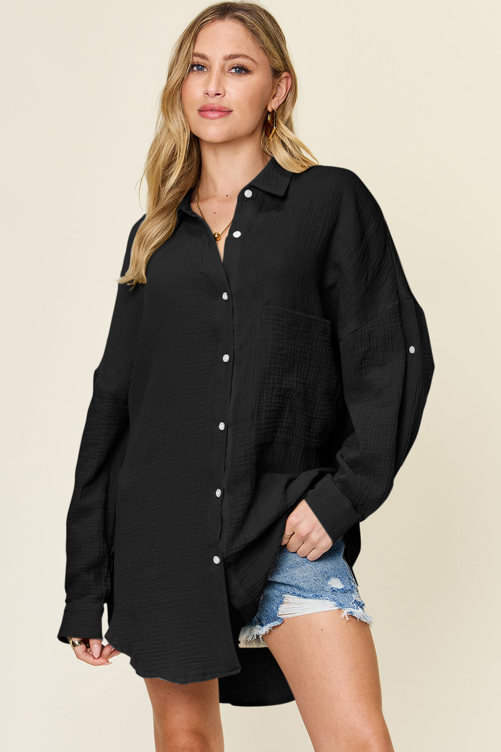 Double Take Full Size Pocketed Texture Button Up Shirt-TOPS / DRESSES-[Adult]-[Female]-2022 Online Blue Zone Planet