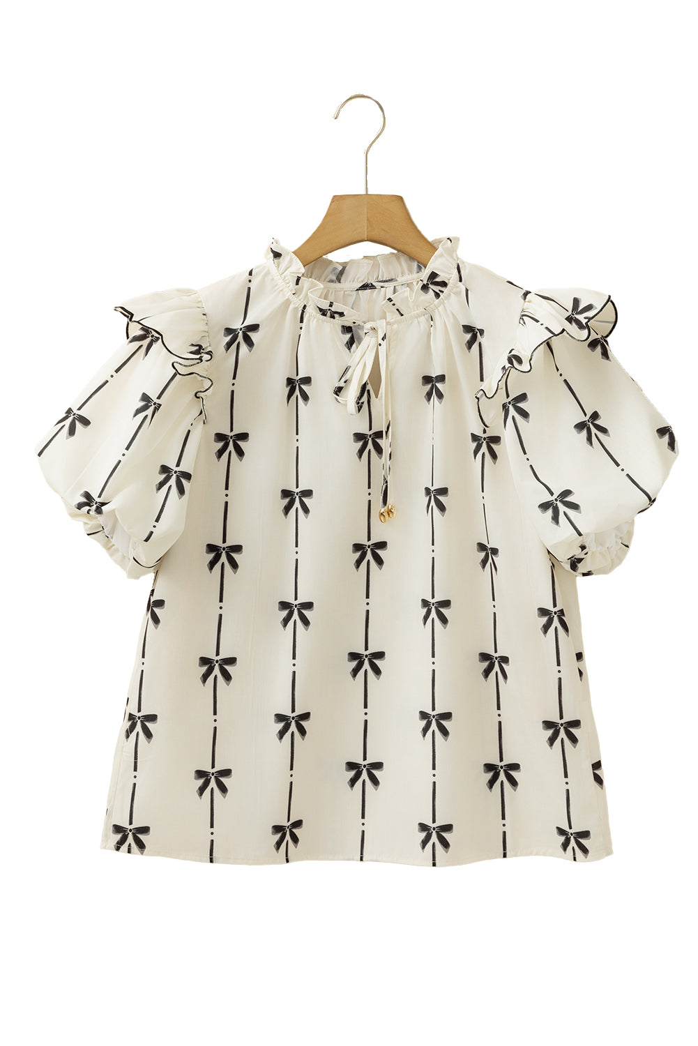 Beige Bow Print Ruffle Bubble Sleeve Tie Notched Neck Blouse-Blouses-[Adult]-[Female]-2022 Online Blue Zone Planet