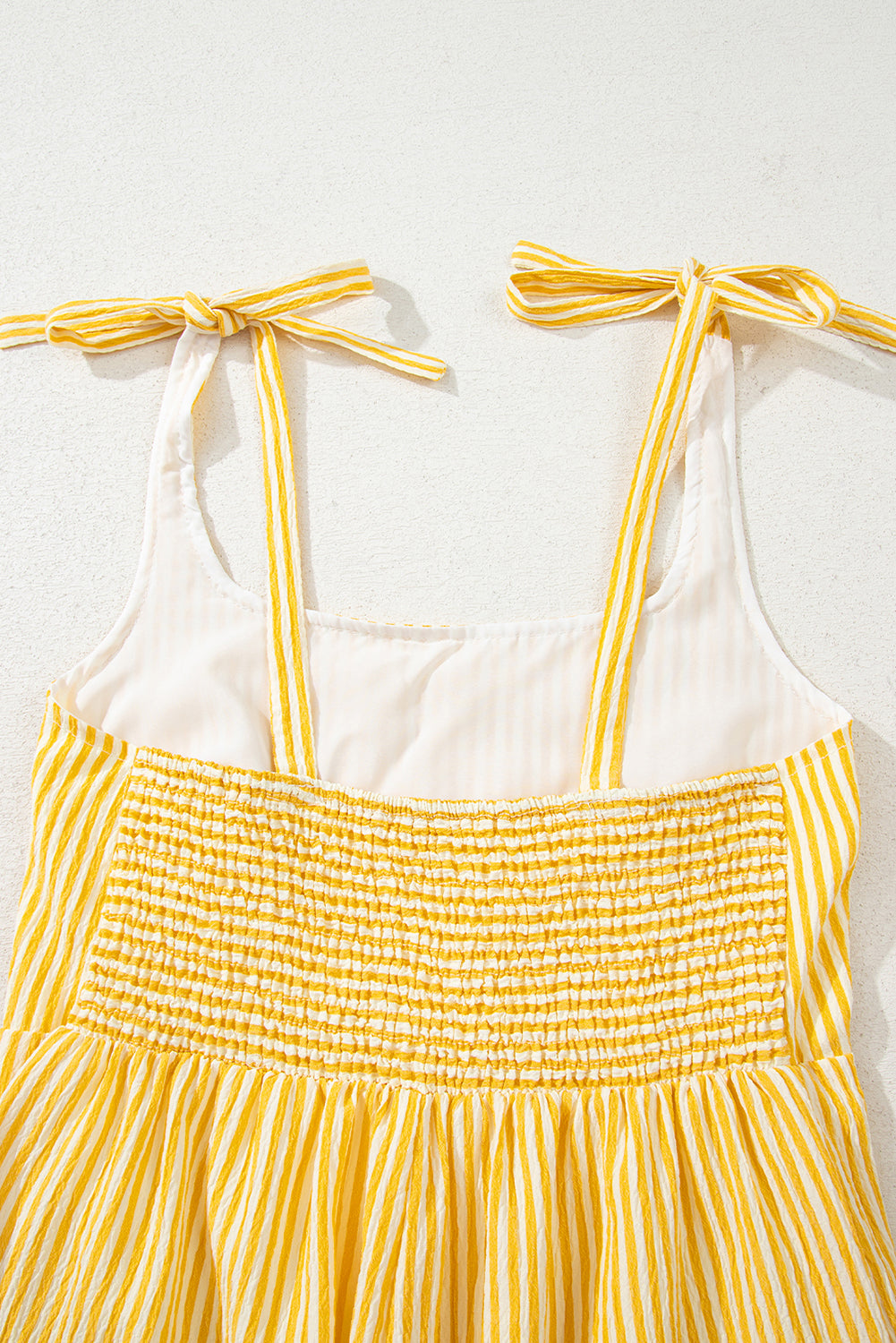 Yellow Stripe Shoulder Tie Smocked Back Wide Leg Casual Romper-Bottoms/Jumpsuits & Rompers-[Adult]-[Female]-2022 Online Blue Zone Planet