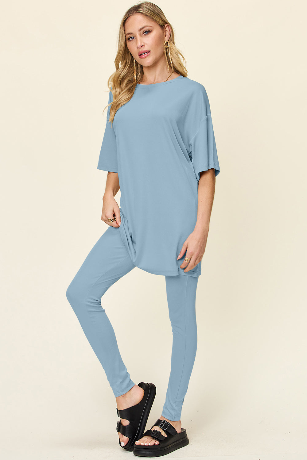 Double Take Full Size Round Neck Dropped Shoulder T-Shirt and Leggings Set-TOPS / DRESSES-[Adult]-[Female]-2022 Online Blue Zone Planet