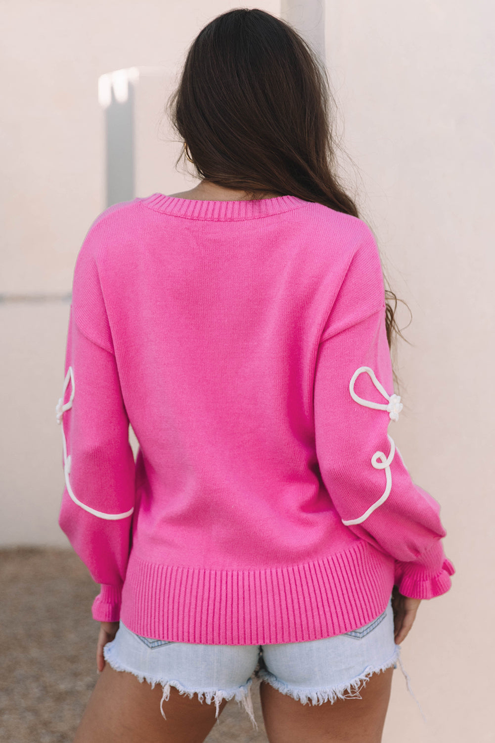 Bright Pink Corded Flower Bow Ribbed Trim Casual Sweater-TOPS / DRESSES-[Adult]-[Female]-2022 Online Blue Zone Planet