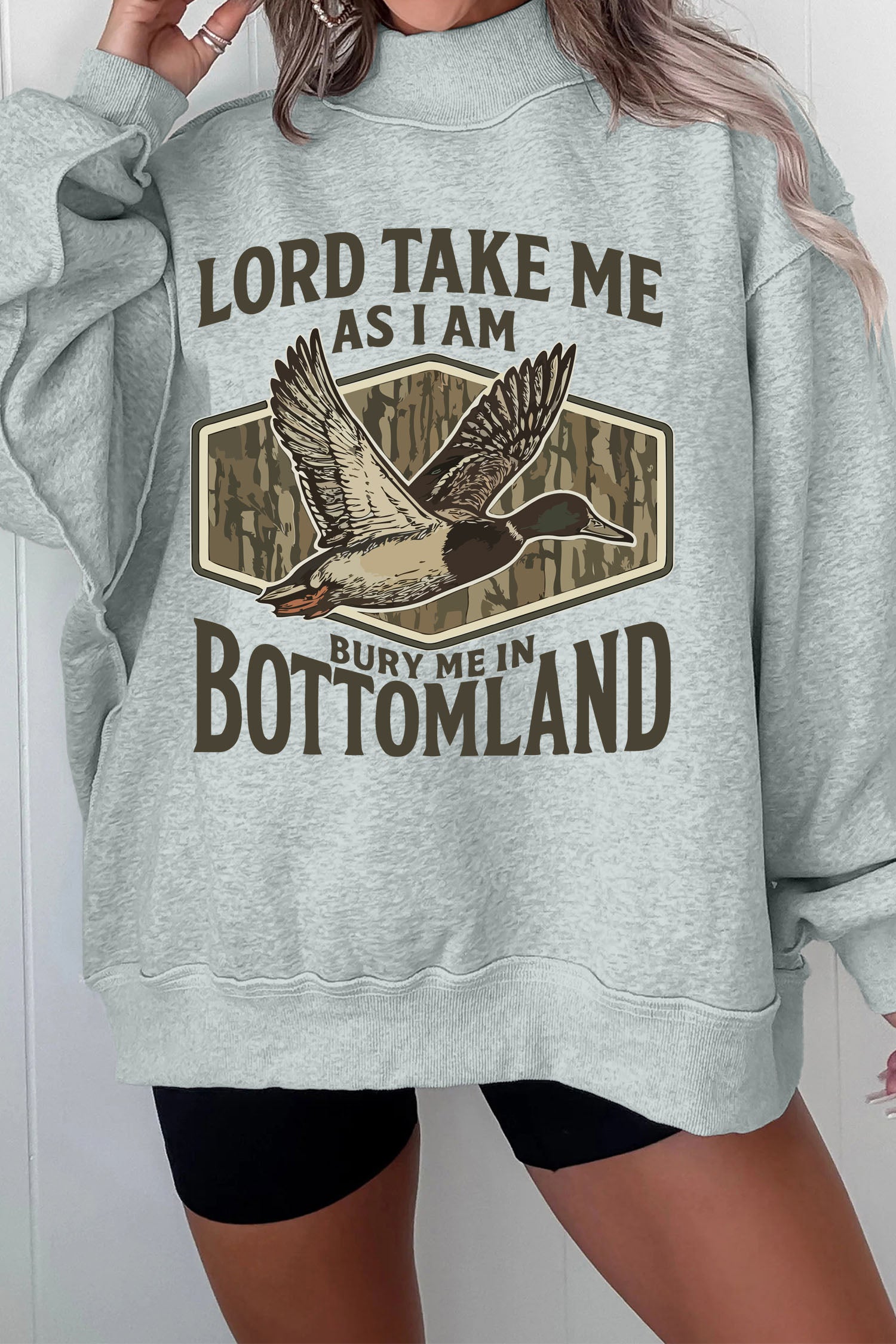 Gray Exposed Seam Mock Neck Western Print Duck Sweatshirt-Graphic/Graphic Sweatshirts-[Adult]-[Female]-2022 Online Blue Zone Planet