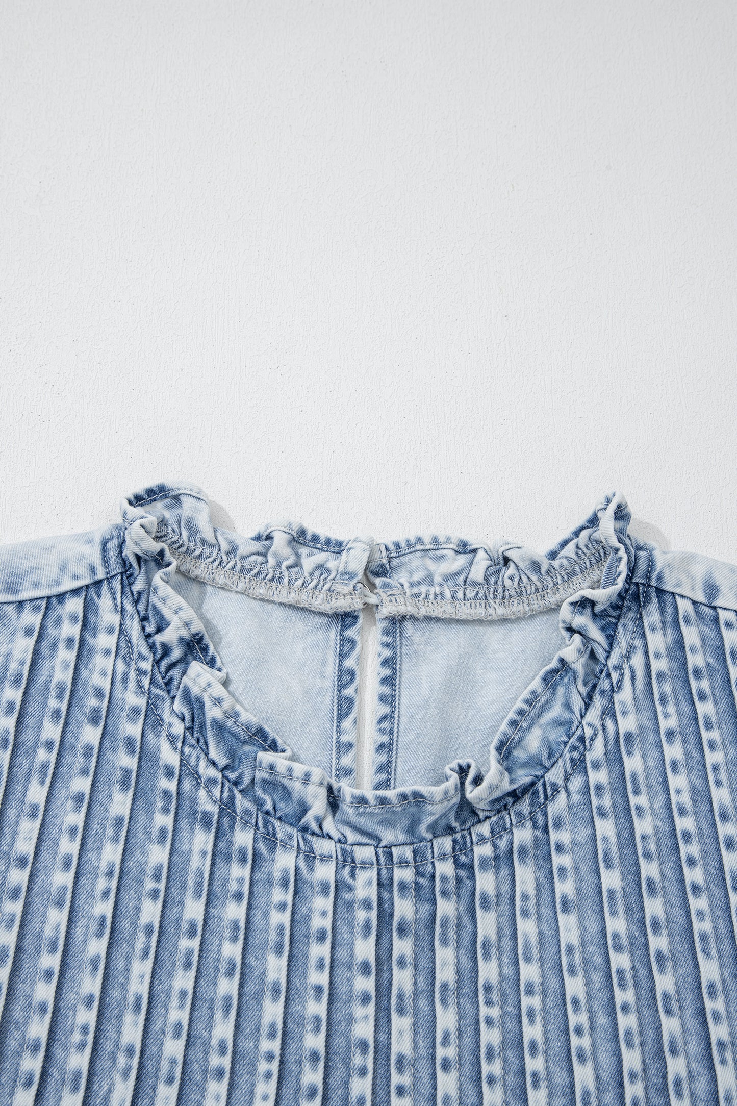 Beau Blue Ruffle Pleated Detail Vintage Washed Denim Top-Tops/Tops & Tees-[Adult]-[Female]-2022 Online Blue Zone Planet