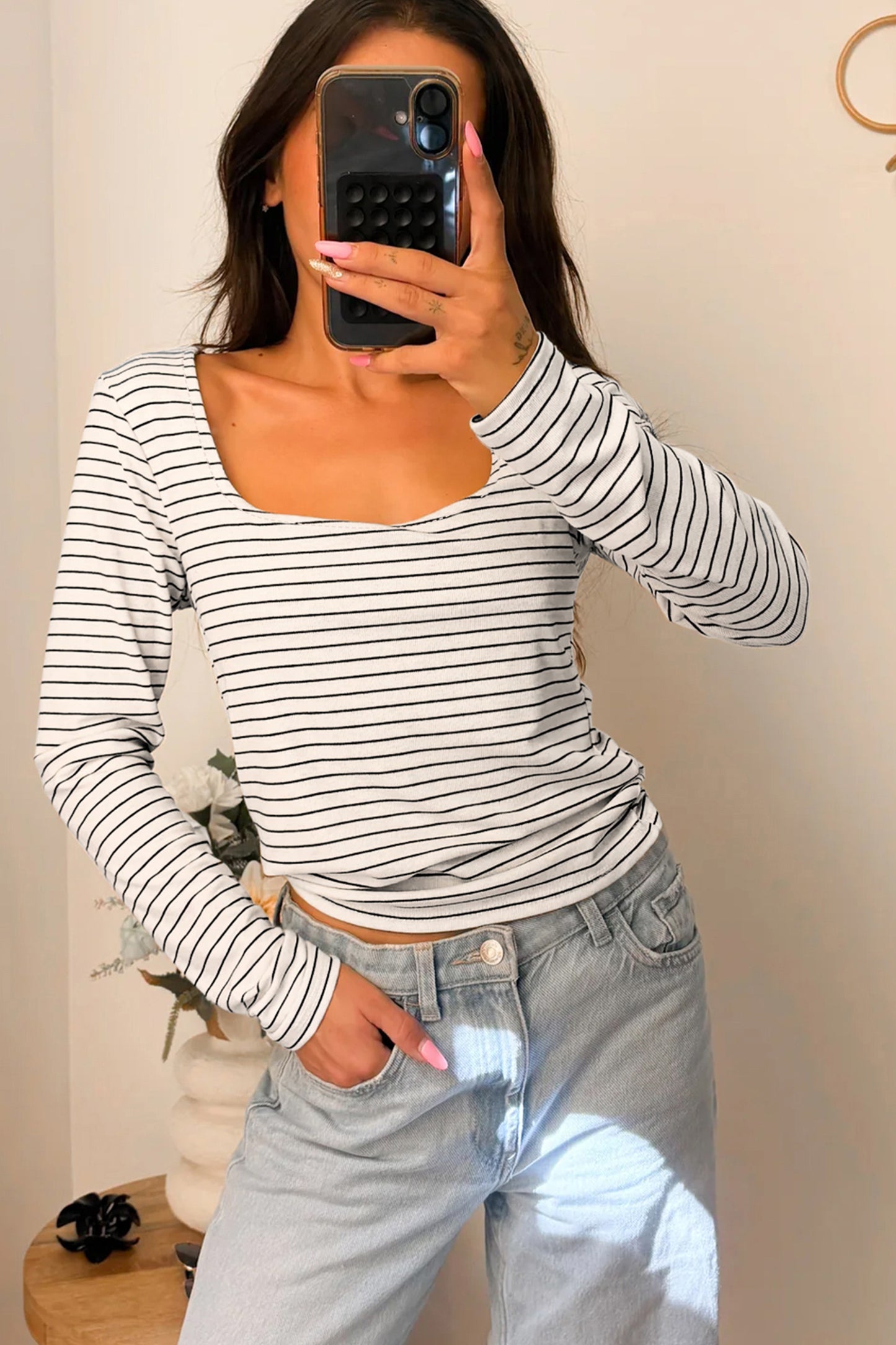 White Stripe Square Neck Long Sleeve Top-Tops/Long Sleeve Tops-[Adult]-[Female]-2022 Online Blue Zone Planet