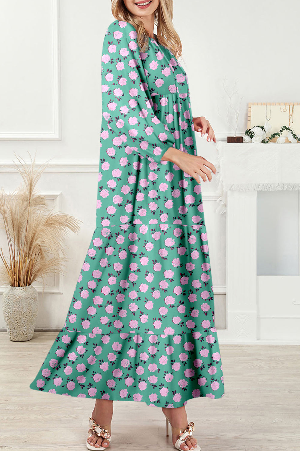 Green Boho Printed Half Sleeve Maxi Dress-Dresses/Maxi Dresses-[Adult]-[Female]-2022 Online Blue Zone Planet