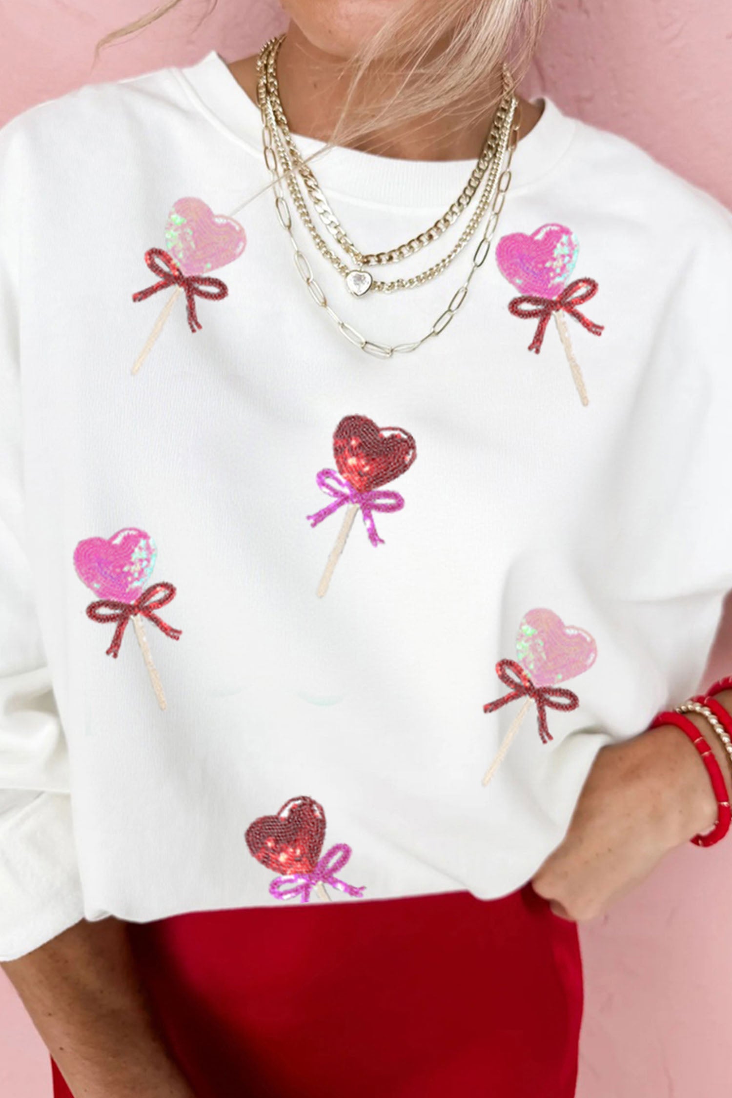 White Sequin Bow Heart Shape Lolly Valentines Day Graphic Sweatshirt-Graphic Sweatshirts-[Adult]-[Female]-2022 Online Blue Zone Planet