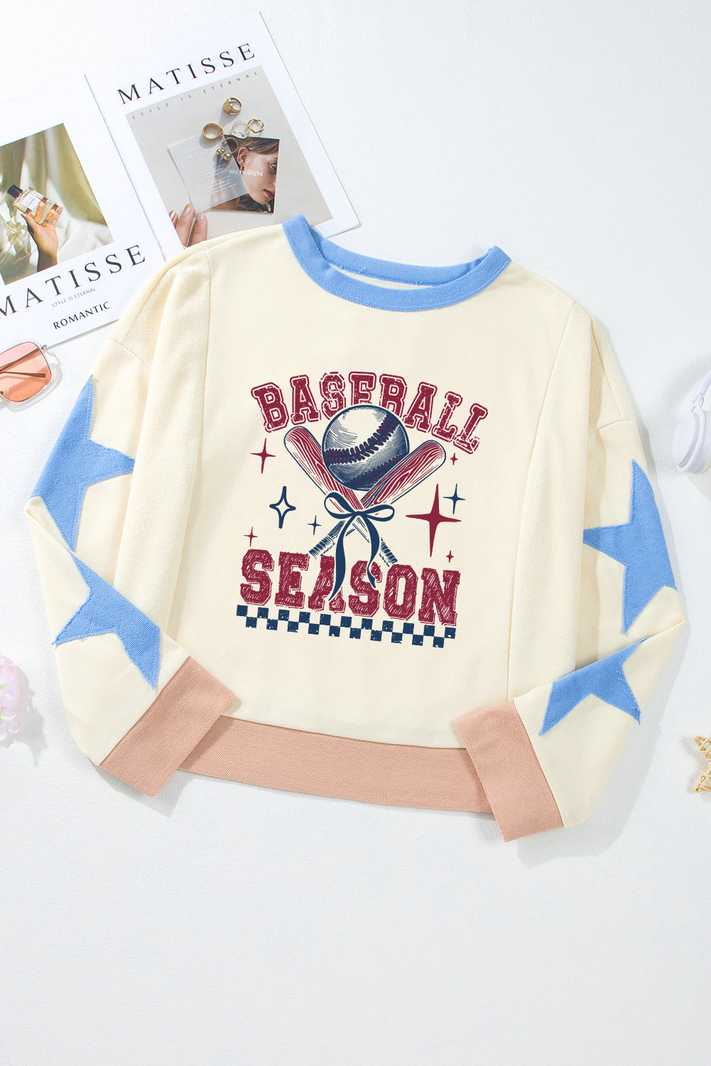 Beige BASEBALL SEASON Graphic Star Patched Game Day Sweatshirt-Graphic/Graphic Sweatshirts-[Adult]-[Female]-2022 Online Blue Zone Planet