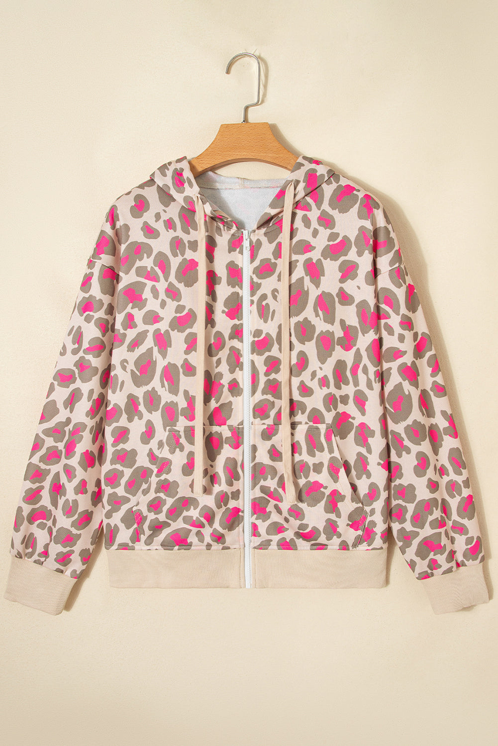 Rose Leopard Print Zip-Up Hooded Sweatshirt-Tops/Sweatshirts & Hoodies-[Adult]-[Female]-2022 Online Blue Zone Planet