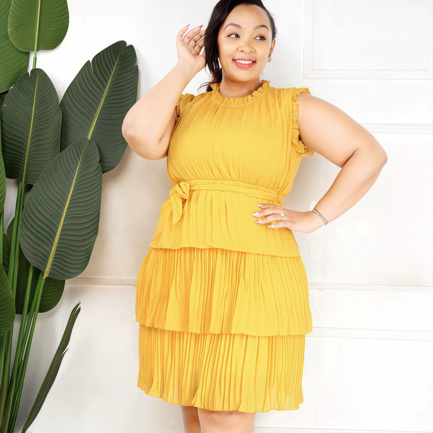 Monica's Sleeveless Pleated Chiffon High-waisted Tiered Mini Dress