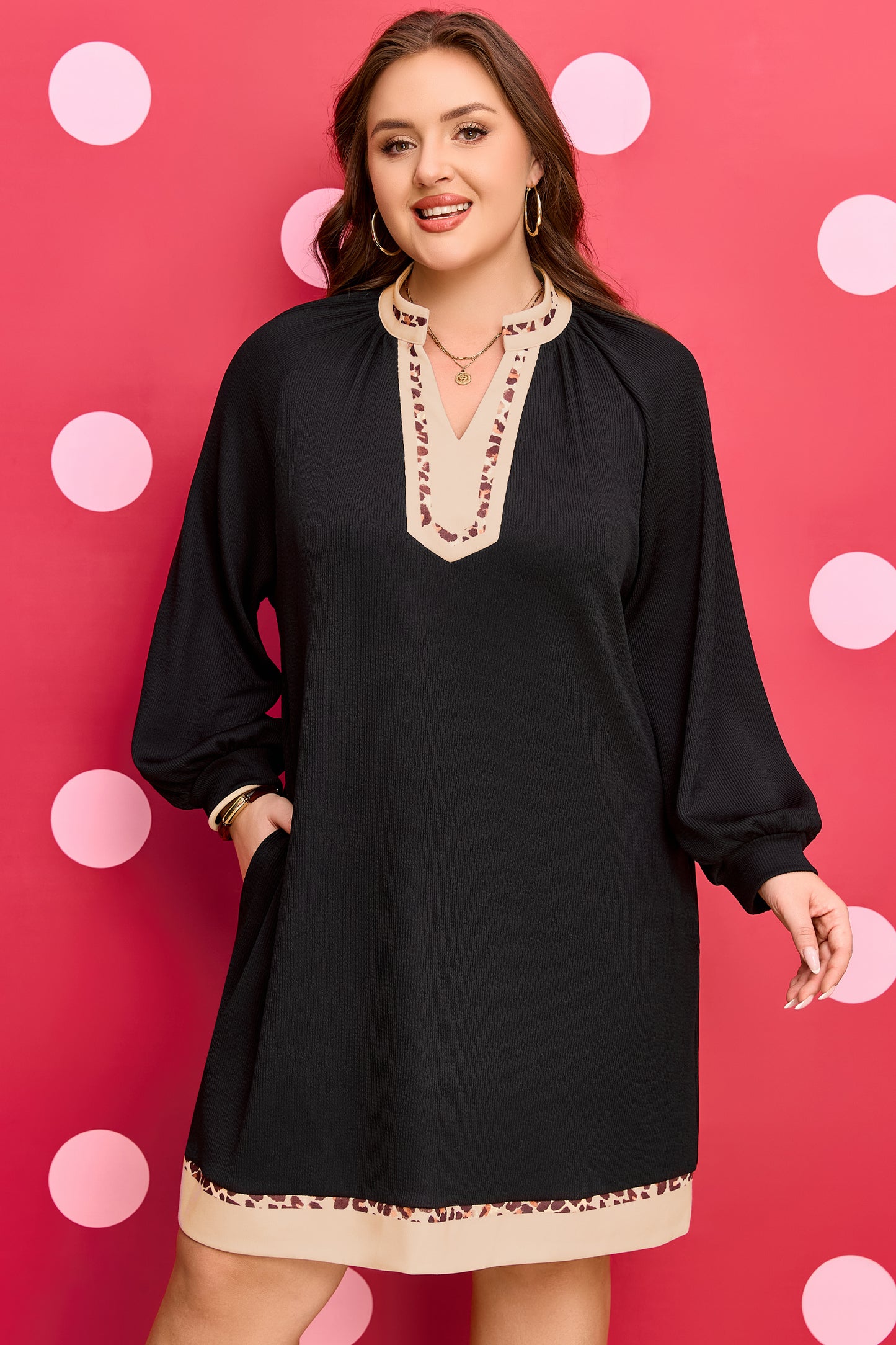Black Contrast Color Block Leopard Trim Plus Size Ribbed Dress-TOPS / DRESSES-[Adult]-[Female]-2022 Online Blue Zone Planet