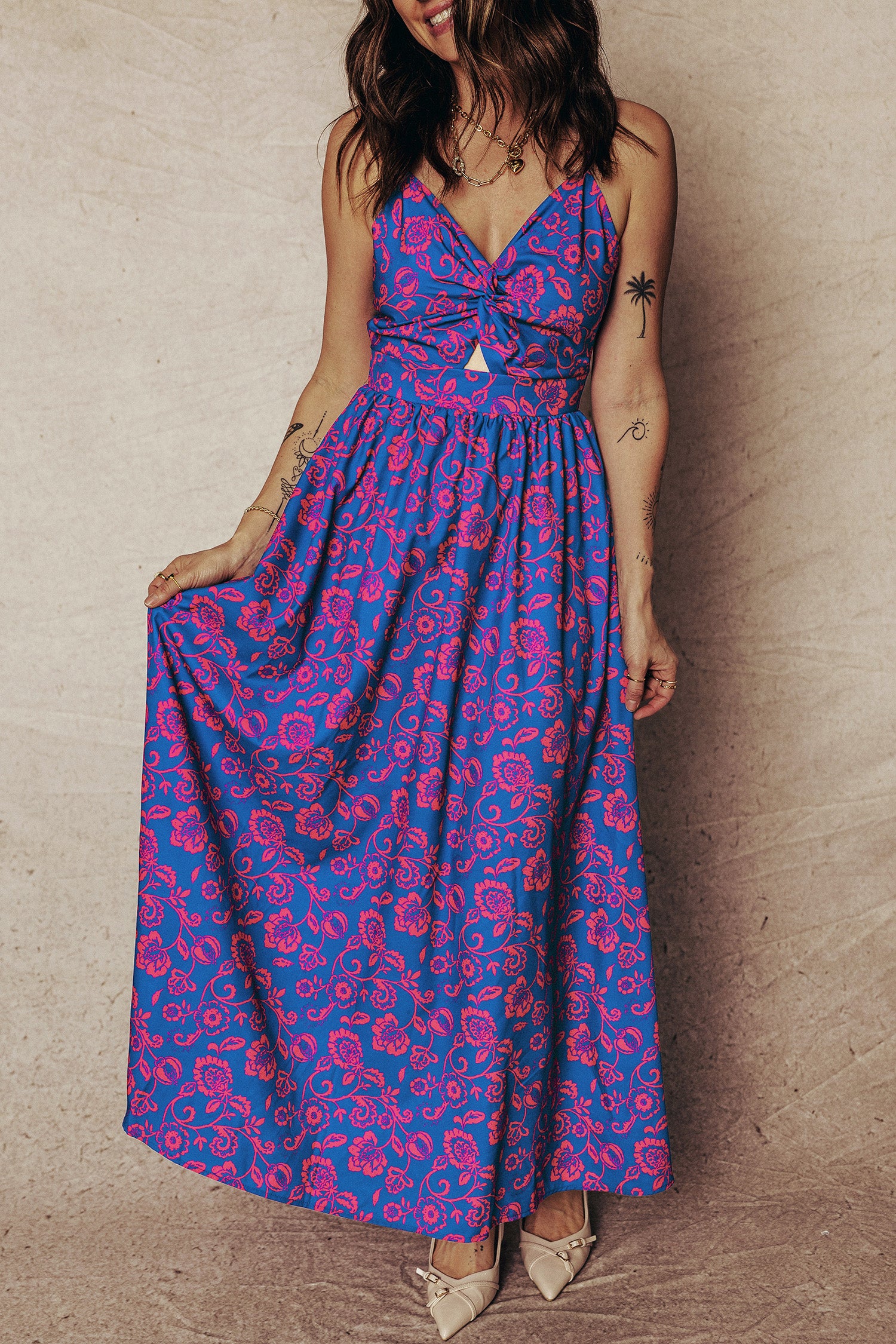 Blue Floral Print Twisted V Neck Tied Backless Maxi Dress-TOPS / DRESSES-[Adult]-[Female]-2022 Online Blue Zone Planet
