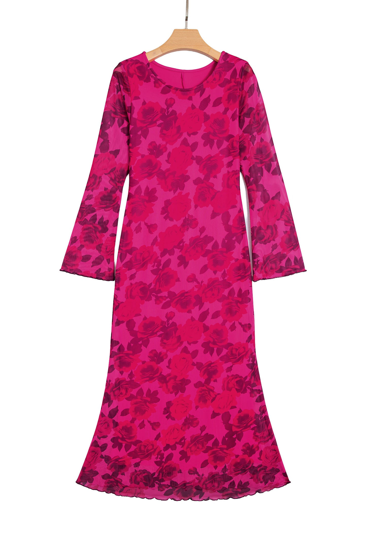 Red Floral Print Cuff Hem Serging Long Sleeve Sheath Dress-TOPS / DRESSES-[Adult]-[Female]-2022 Online Blue Zone Planet