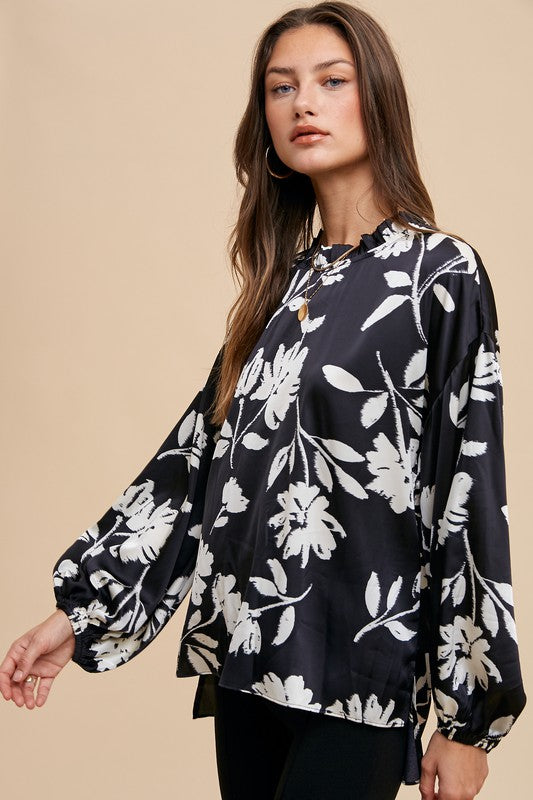 Annie Wear Frill Printed Balloon Sleeve Blouse-TOPS / DRESSES-[Adult]-[Female]-2022 Online Blue Zone Planet