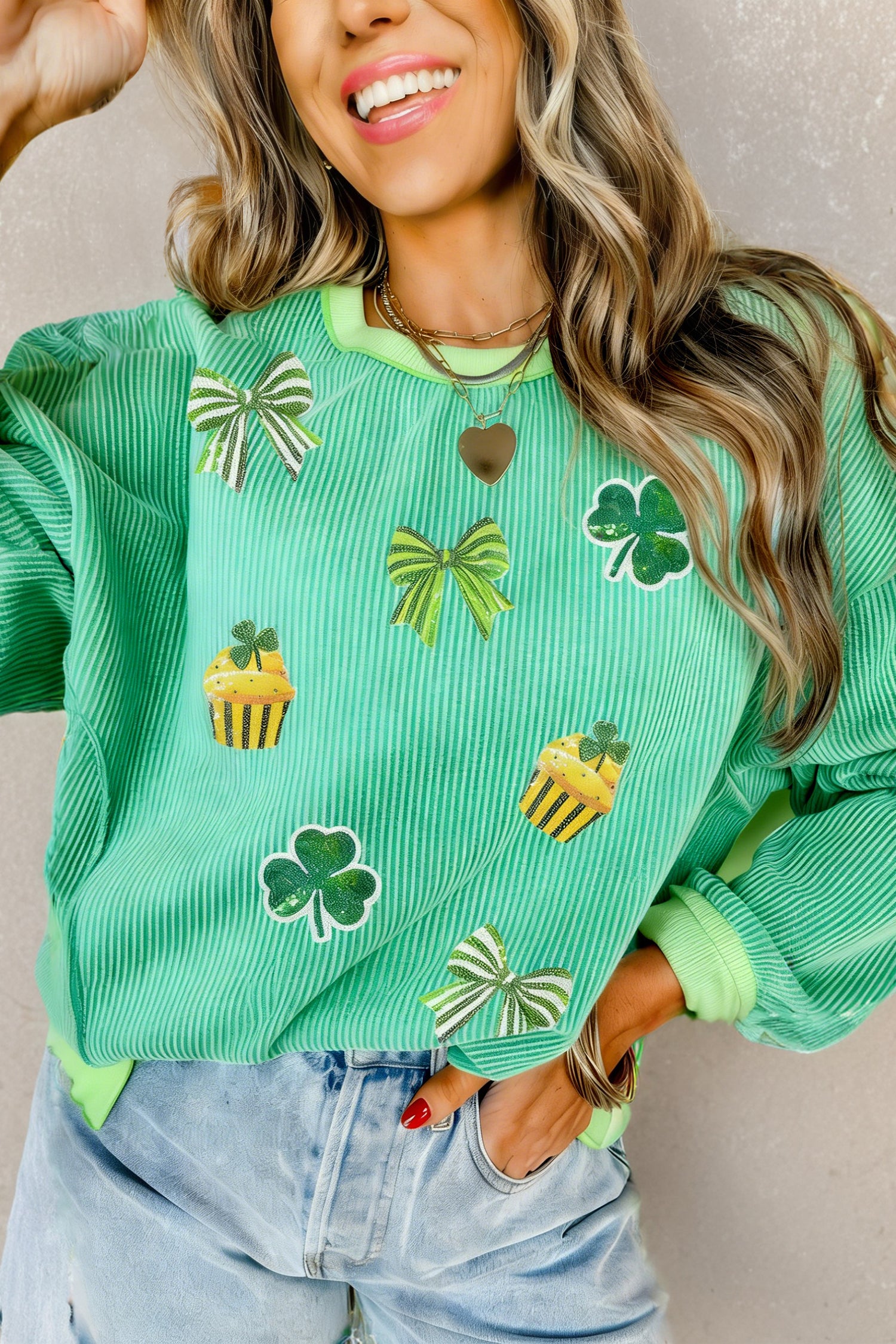 Bright Green Twisted Rib St Patricks Day Sequin Patch Graphic Long Sleeve Top-Graphic/Graphic Long Sleeve Tees-[Adult]-[Female]-Bright Green-S-2022 Online Blue Zone Planet