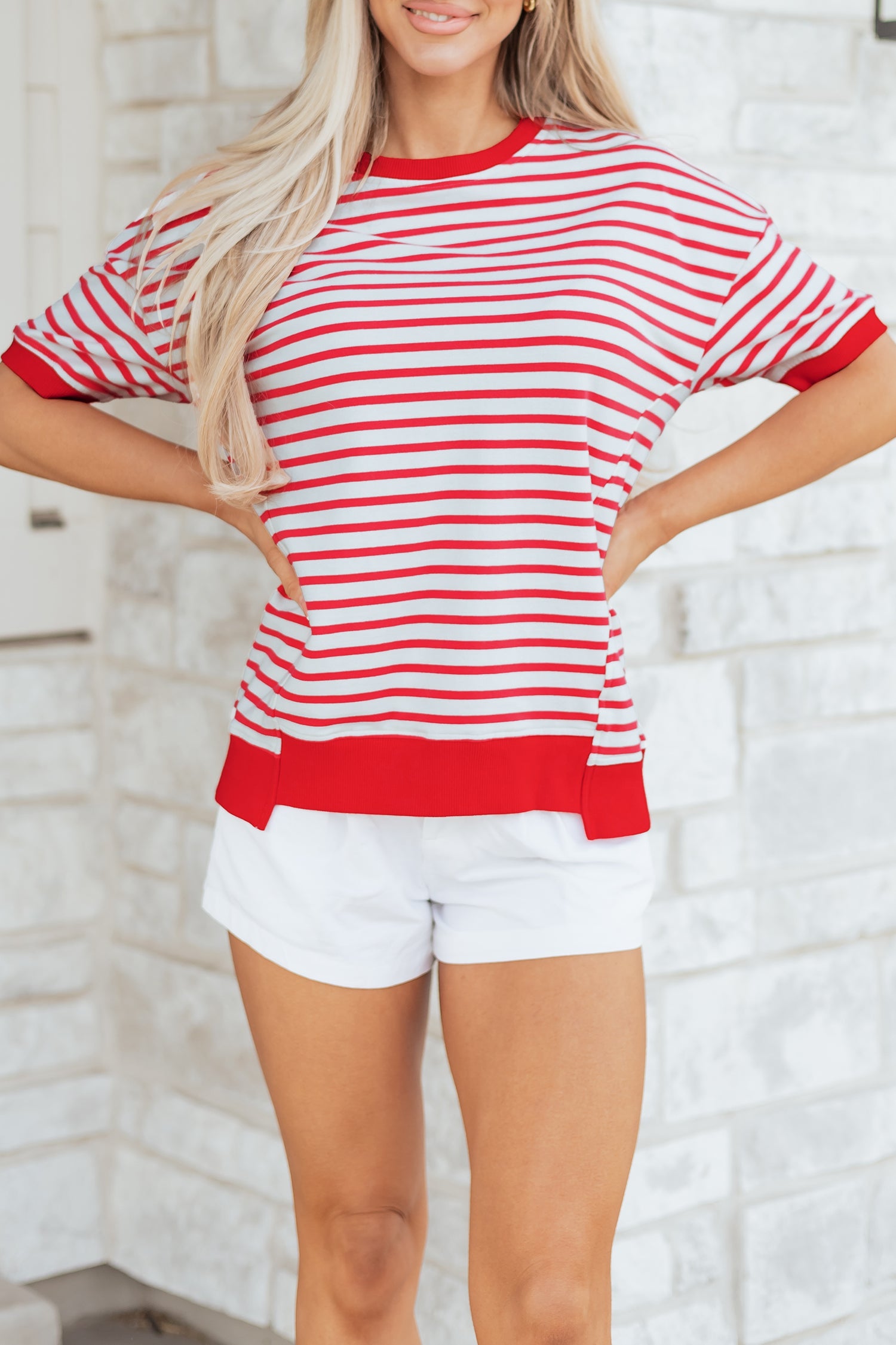 Red Stripe Drop Shoulder Half Sleeve T Shirt-Tops/Tops & Tees-[Adult]-[Female]-2022 Online Blue Zone Planet
