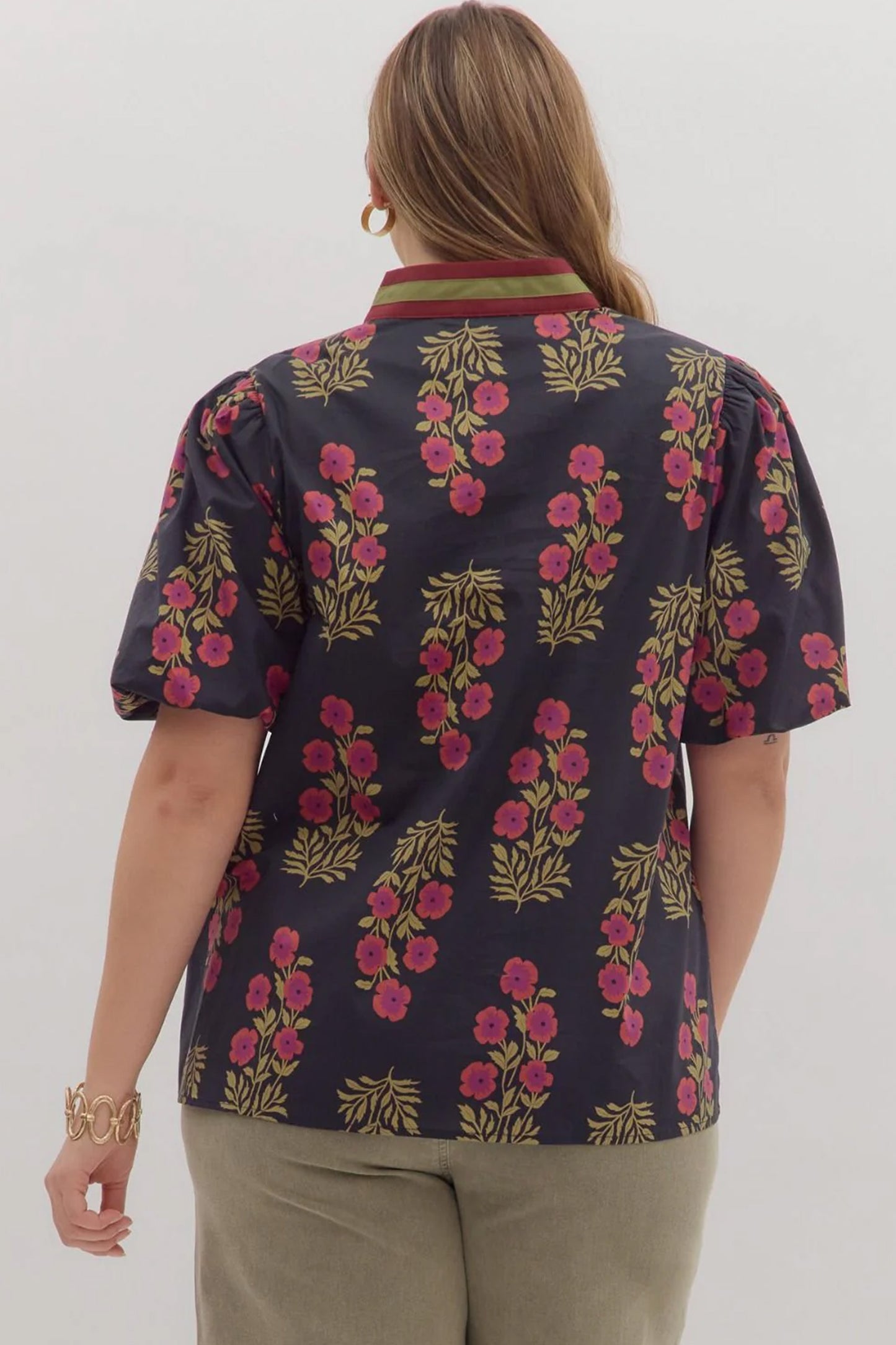 Black Plus Size Floral Print Ricrac Striped Trim Short Sleeve Cotton Blouse-Plus Size/Plus Size Tops/Plus Size Blouses & Shirts-[Adult]-[Female]-2022 Online Blue Zone Planet