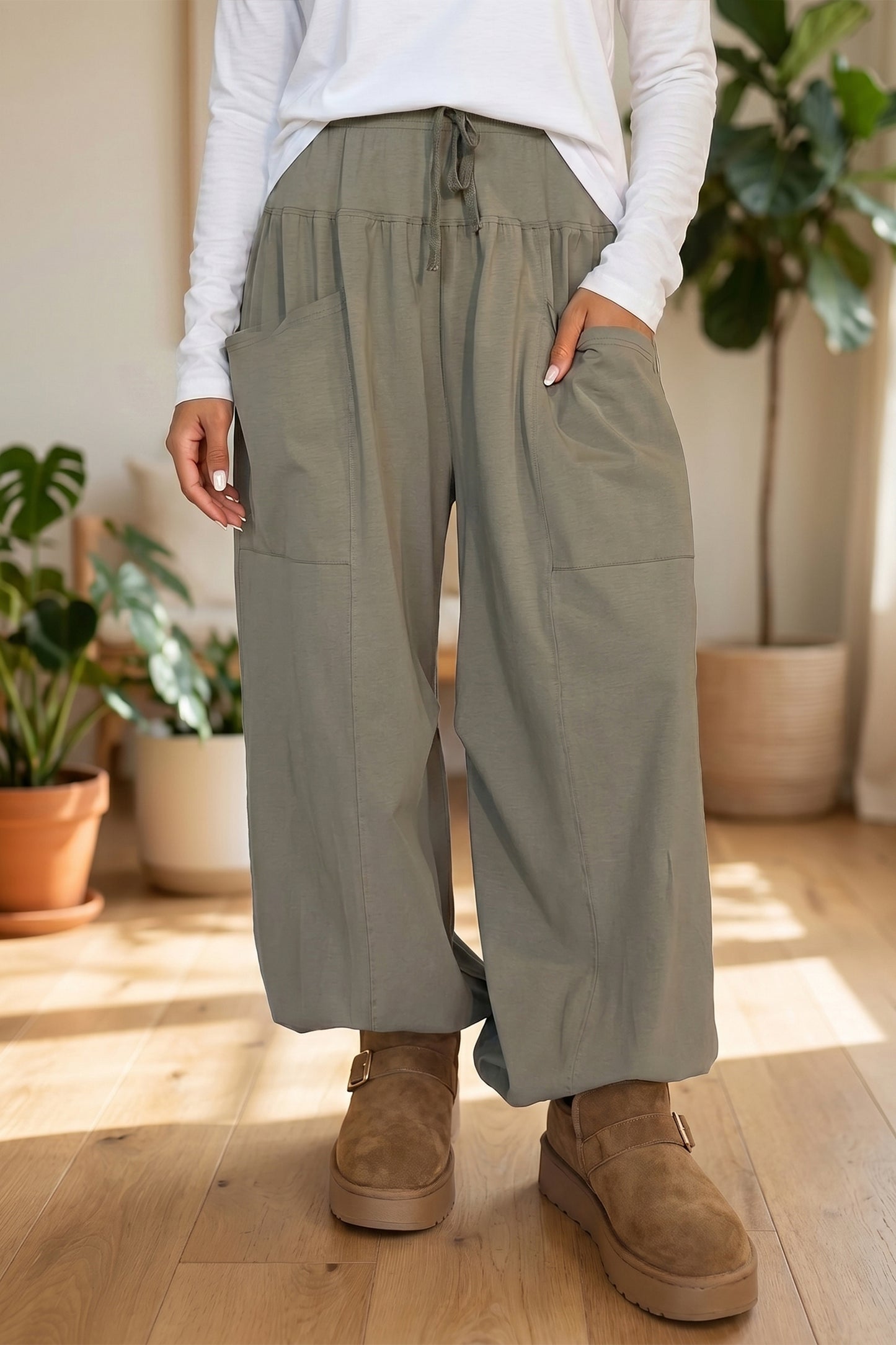 Seagrass Elastic Waist Drawstring Wide Leg Full Length Pants-Bottoms/Pants & Culotte-[Adult]-[Female]-Seagrass-S-2022 Online Blue Zone Planet
