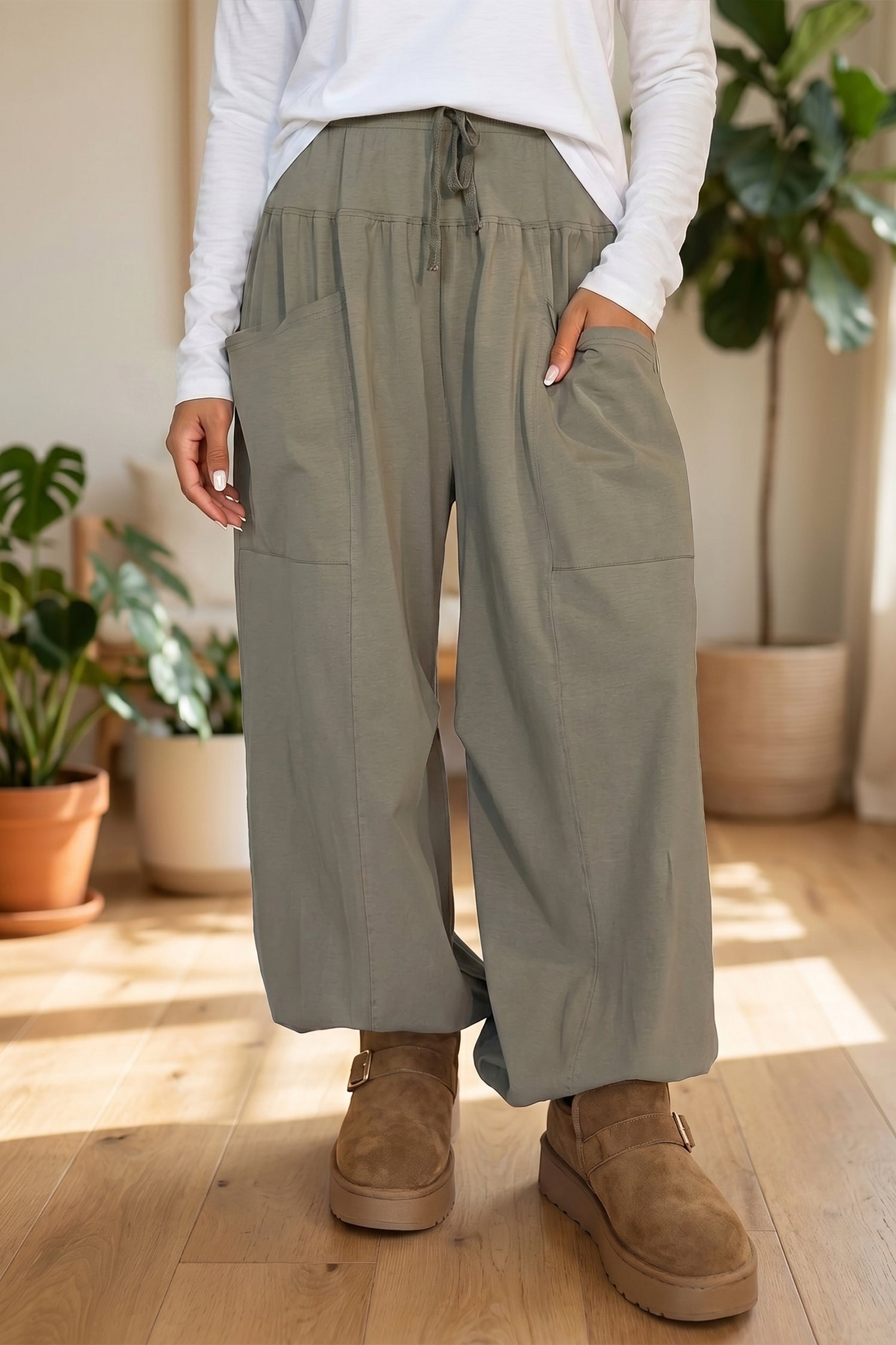Seagrass Elastic Waist Drawstring Wide Leg Full Length Pants-Bottoms/Pants & Culotte-[Adult]-[Female]-Seagrass-S-2022 Online Blue Zone Planet