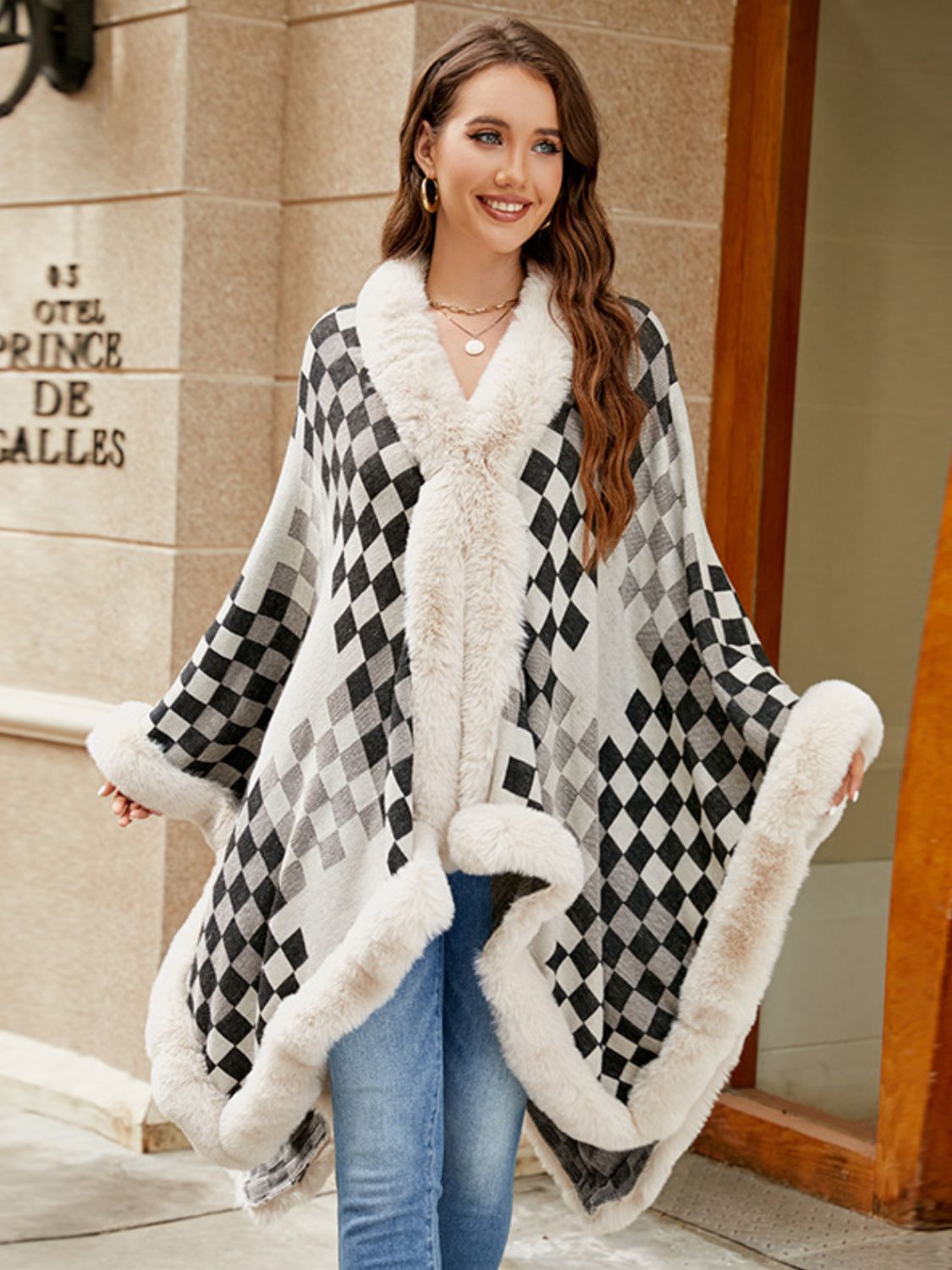 Fuzzy Checkered Long Sleeve Poncho-TOPS / DRESSES-[Adult]-[Female]-2022 Online Blue Zone Planet