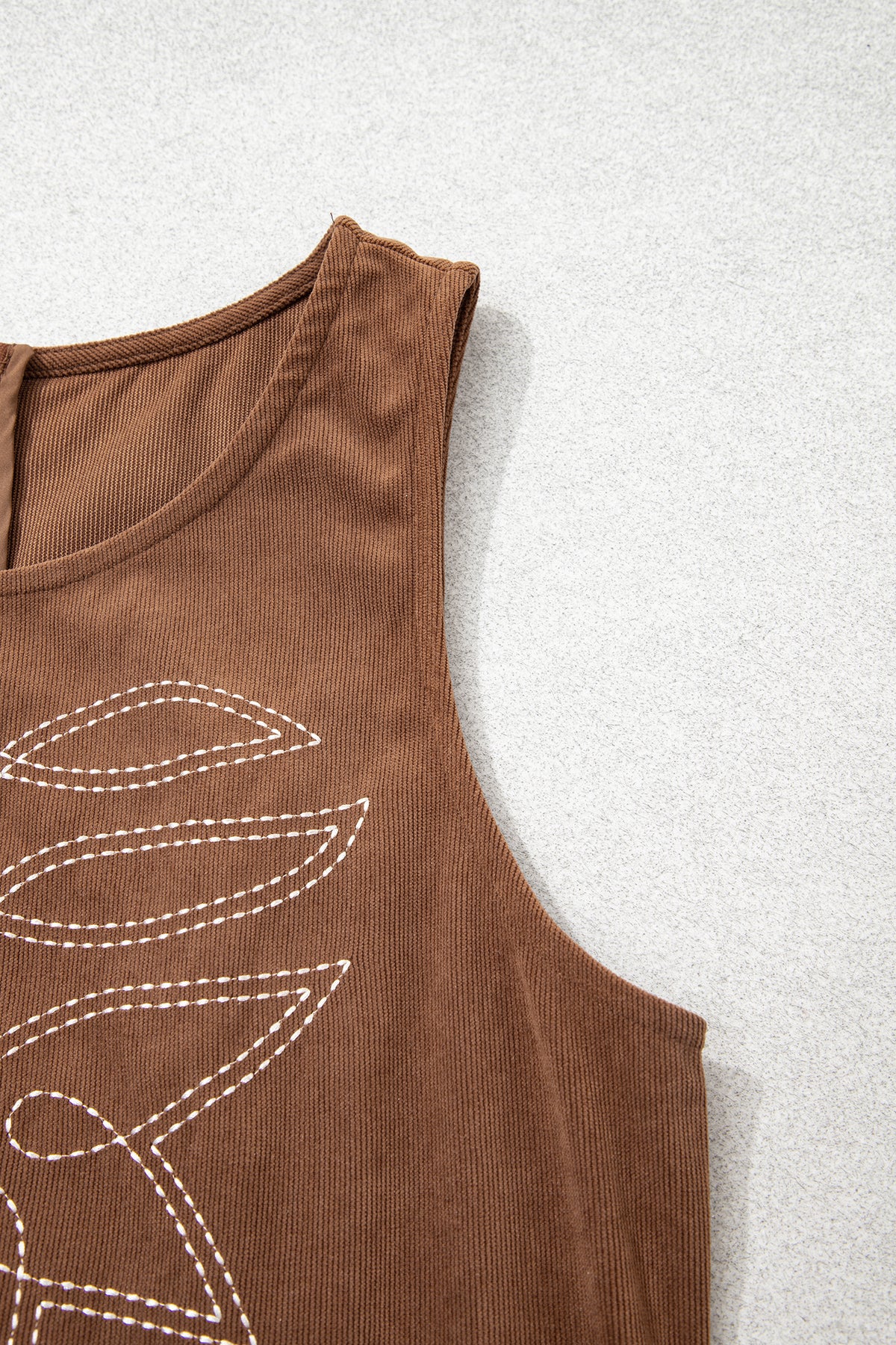 Coffee Geometric Embroidery Sleeveless Corduroy Shift Dress-TOPS / DRESSES-[Adult]-[Female]-2022 Online Blue Zone Planet