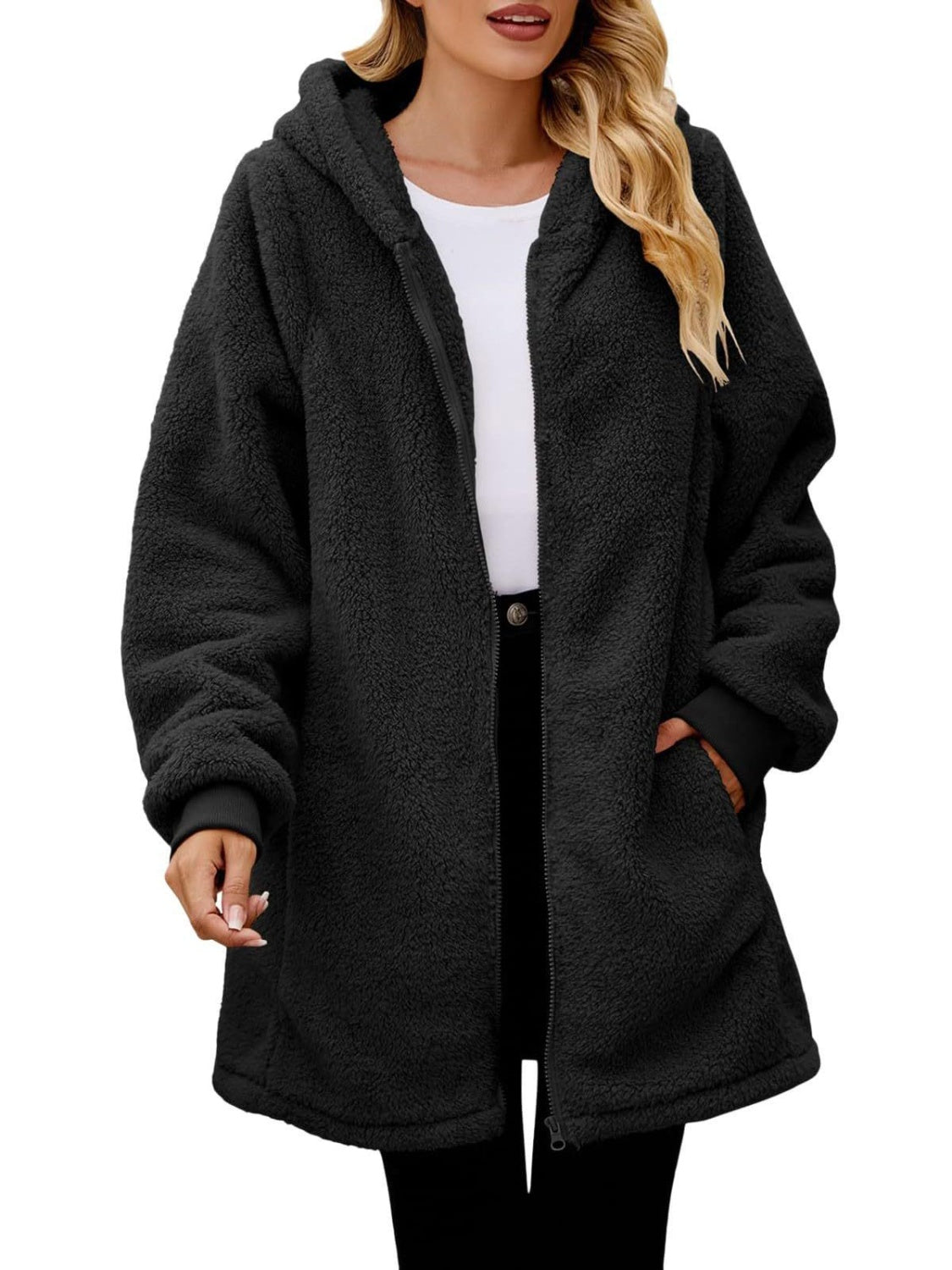 Fuzzy Pocketed Zip Up Long Sleeve Hooded Jacket-TOPS / DRESSES-[Adult]-[Female]-Black-S-2022 Online Blue Zone Planet