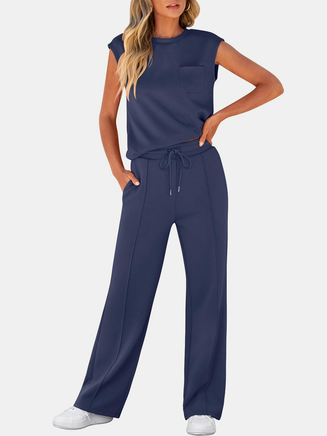 Full Size Round Neck Top and Drawstring Pants Set-TOPS / DRESSES-[Adult]-[Female]-Dark Navy-S-2022 Online Blue Zone Planet