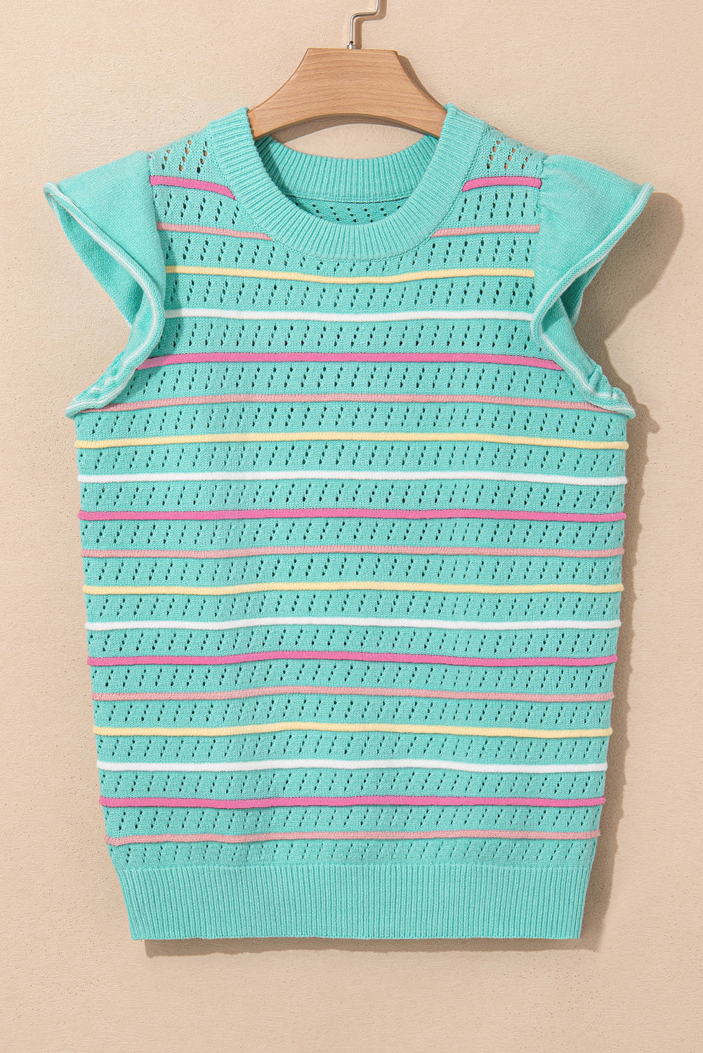 Green Colorful Striped Eyelet Knit Ruffled Sleeve Sweater T Shirt-TOPS / DRESSES-[Adult]-[Female]-2022 Online Blue Zone Planet