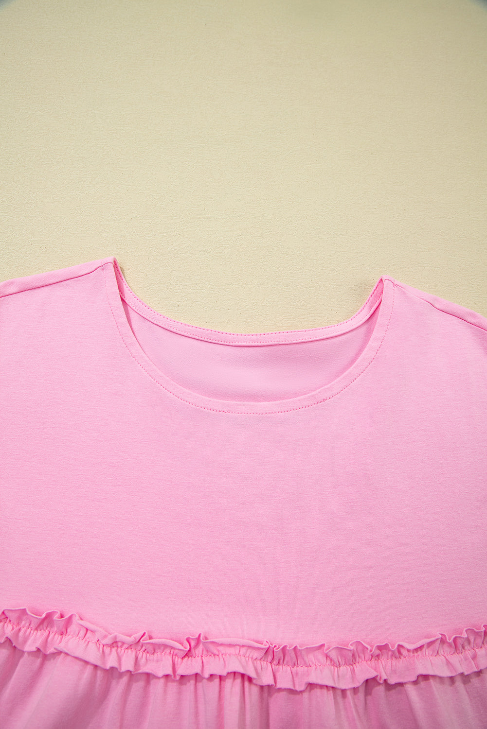 Pink Frilled Trim Crew Neck Loose Fit Mini Dress-TOPS / DRESSES-[Adult]-[Female]-2022 Online Blue Zone Planet