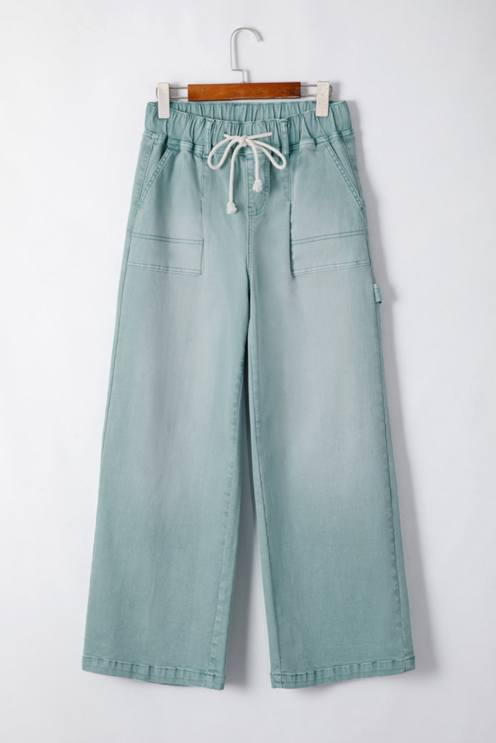 Smoke Green Mineral Wash Drawstring High Waist Wide Leg Jeans-Bottoms/Jeans-[Adult]-[Female]-2022 Online Blue Zone Planet