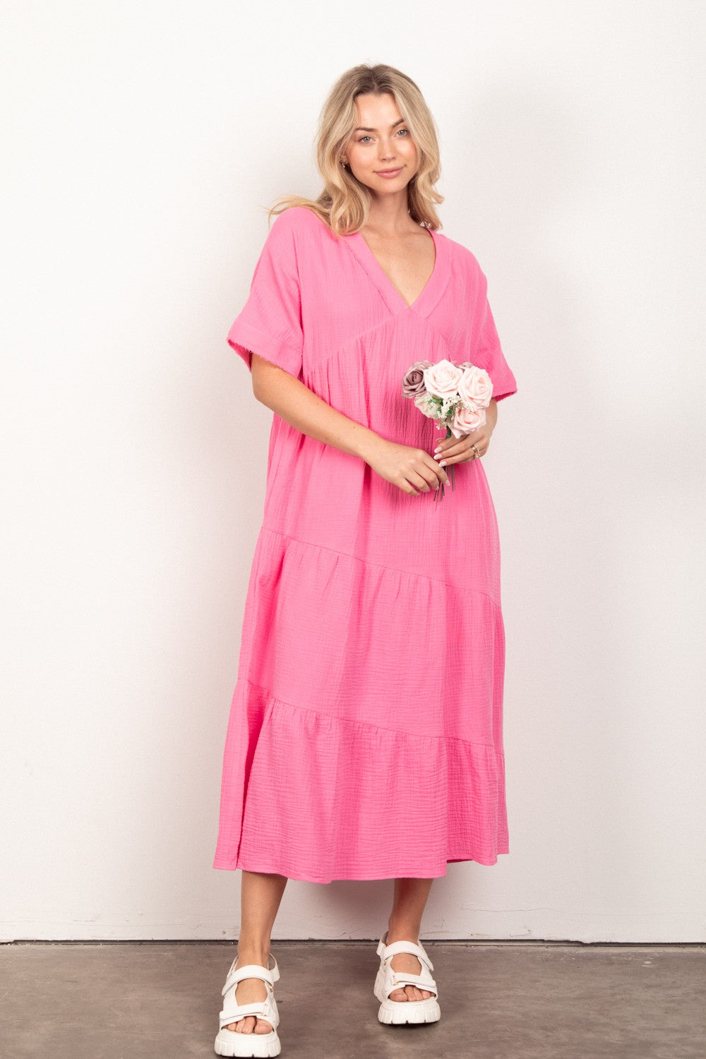 VERY J Soft Crinkle Gauze Short Sleeve Midi Dress-TOPS / DRESSES-[Adult]-[Female]-PINK-S-2022 Online Blue Zone Planet