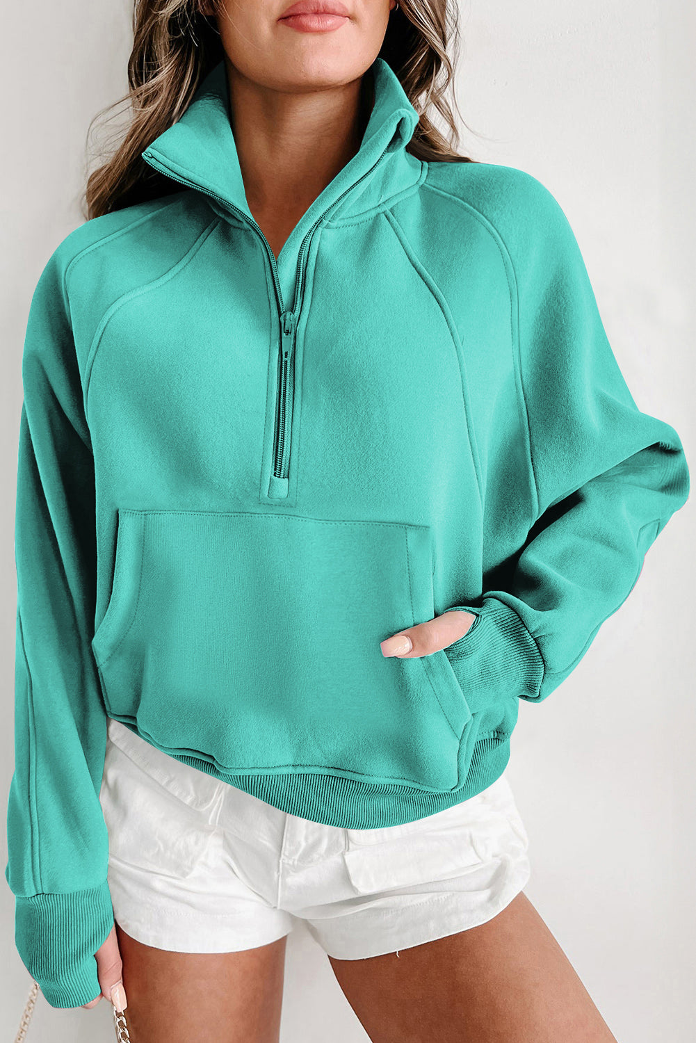 Flamingo Fleece Lined Zip Up Stand Collar Thumbhole Sleeve Sweatshirt-Tops/Sweatshirts & Hoodies-[Adult]-[Female]-2022 Online Blue Zone Planet