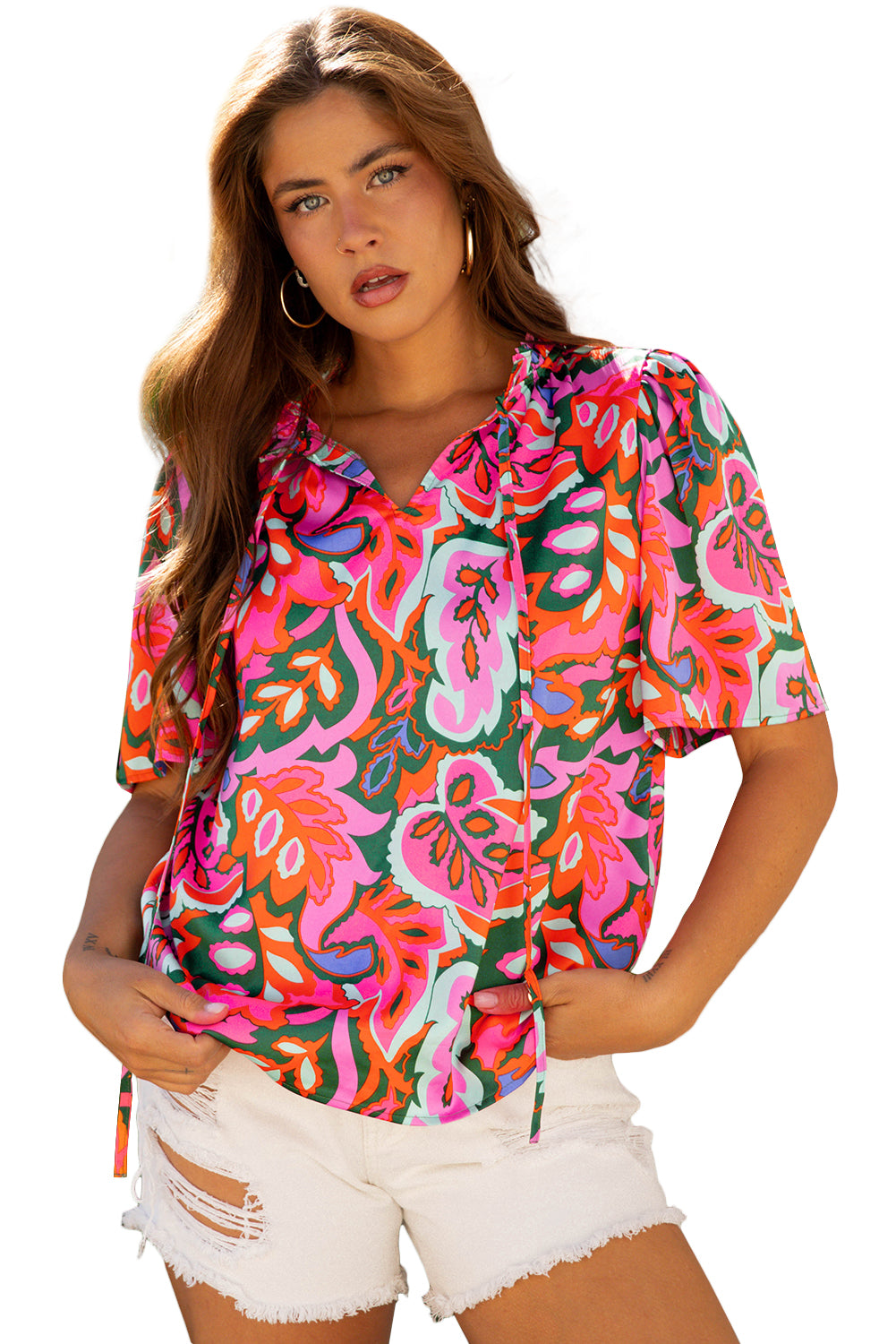 Rose Summer Plant Print Lace Up V Neck Short Sleeve Blouse-Tops/Blouses & Shirts-[Adult]-[Female]-2022 Online Blue Zone Planet