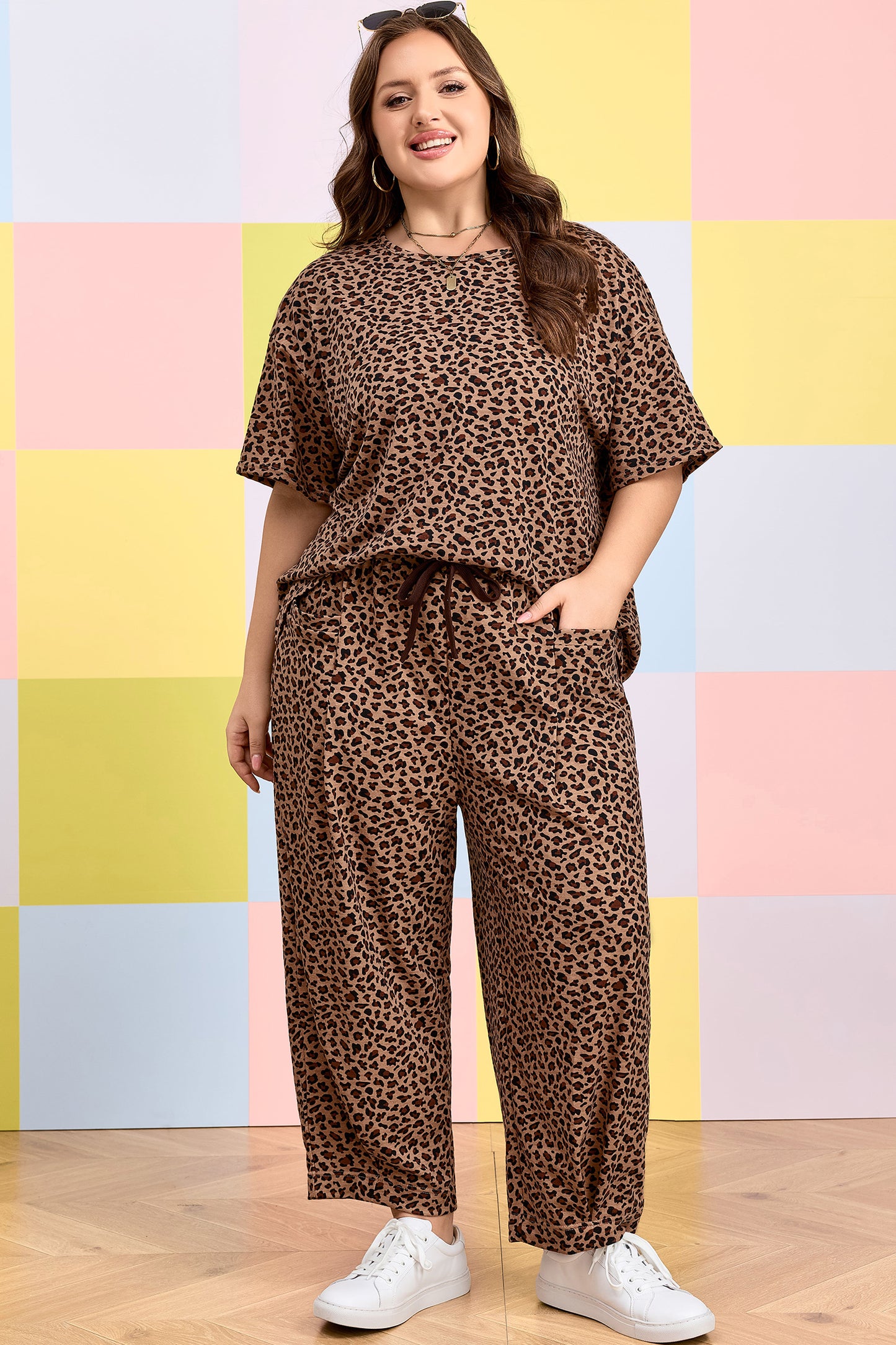 Brown Plus Size Leopard Loose Top Pleated Pants Set-Plus Size/Plus Size Loungewear-[Adult]-[Female]-2022 Online Blue Zone Planet