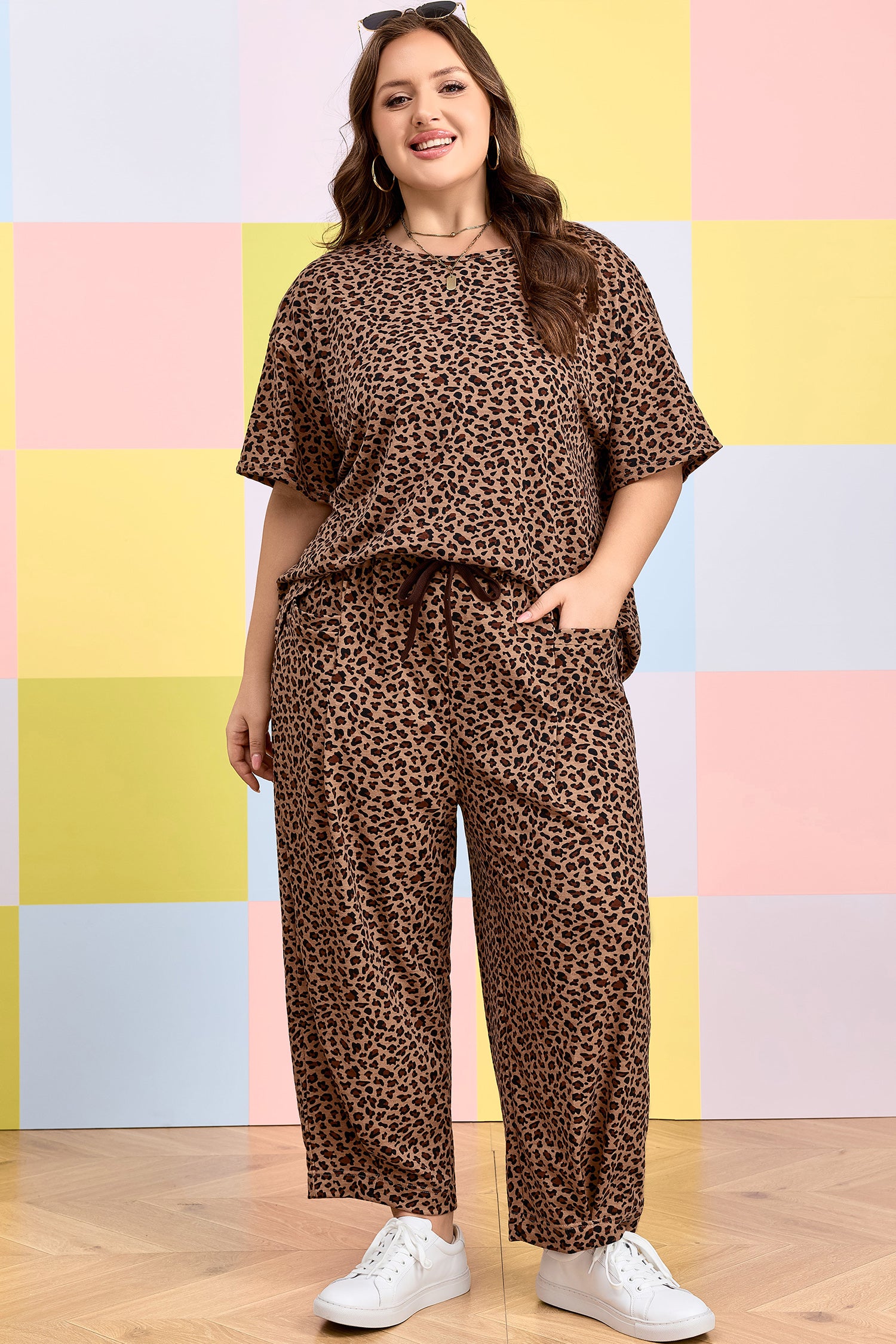 Brown Plus Size Leopard Loose Top Pleated Pants Set-Plus Size/Plus Size Loungewear-[Adult]-[Female]-2022 Online Blue Zone Planet