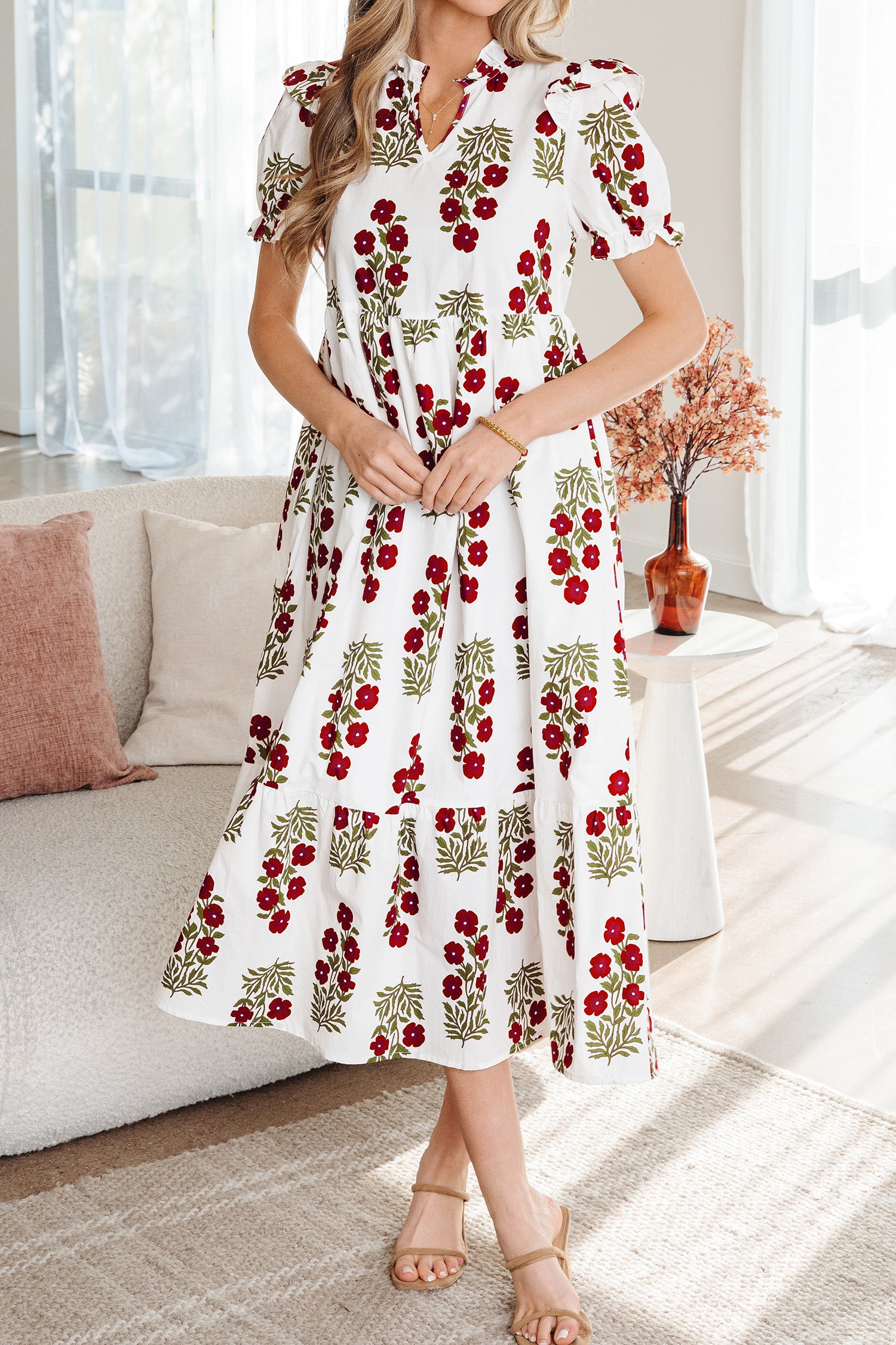 Beige Floral Short Bubble Sleeve Tiered Maxi Dress-TOPS / DRESSES-[Adult]-[Female]-2022 Online Blue Zone Planet